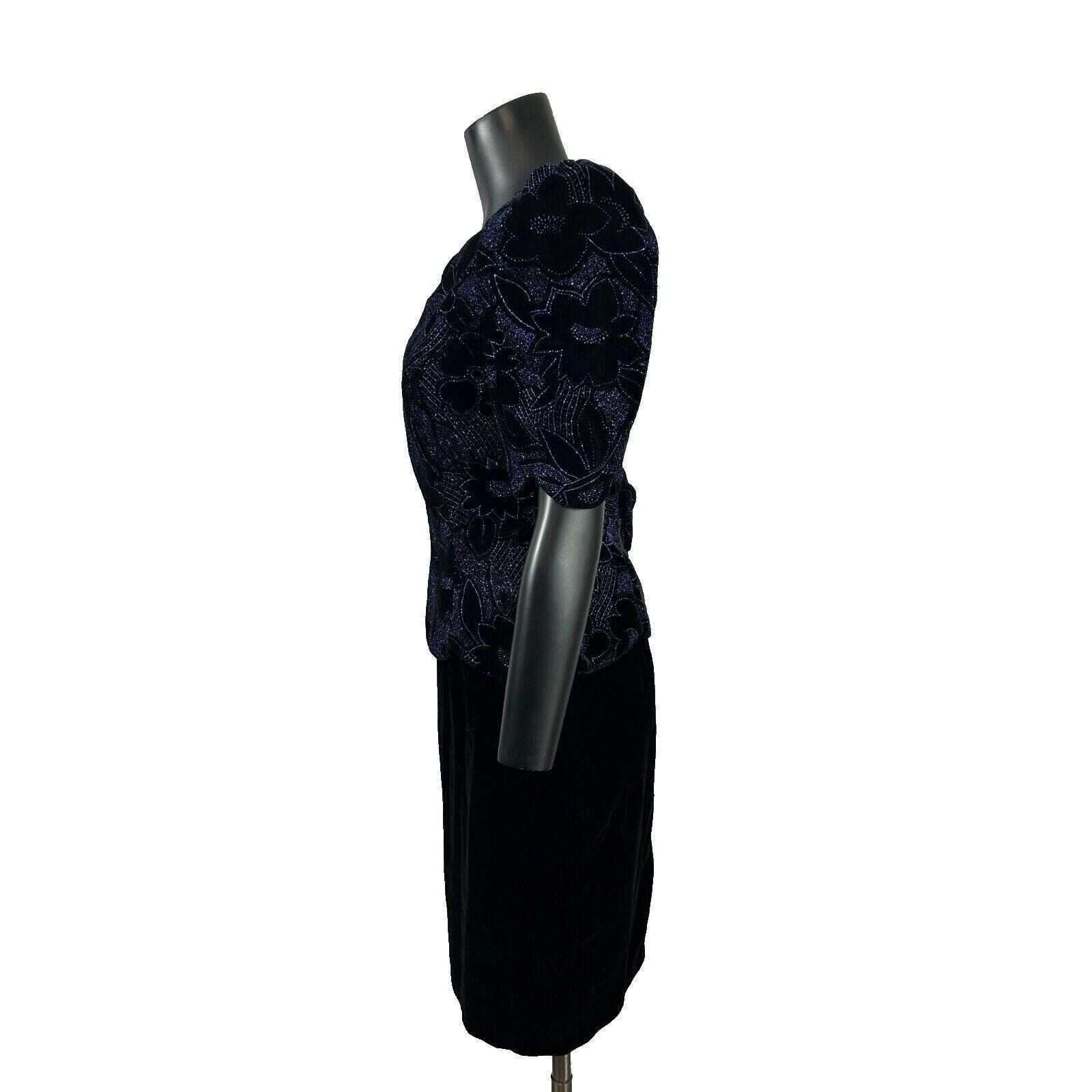 Vintage 80s Scott McClintock Dress 10 Blue Black Velvet Bow Cocktail Puff Sleeve