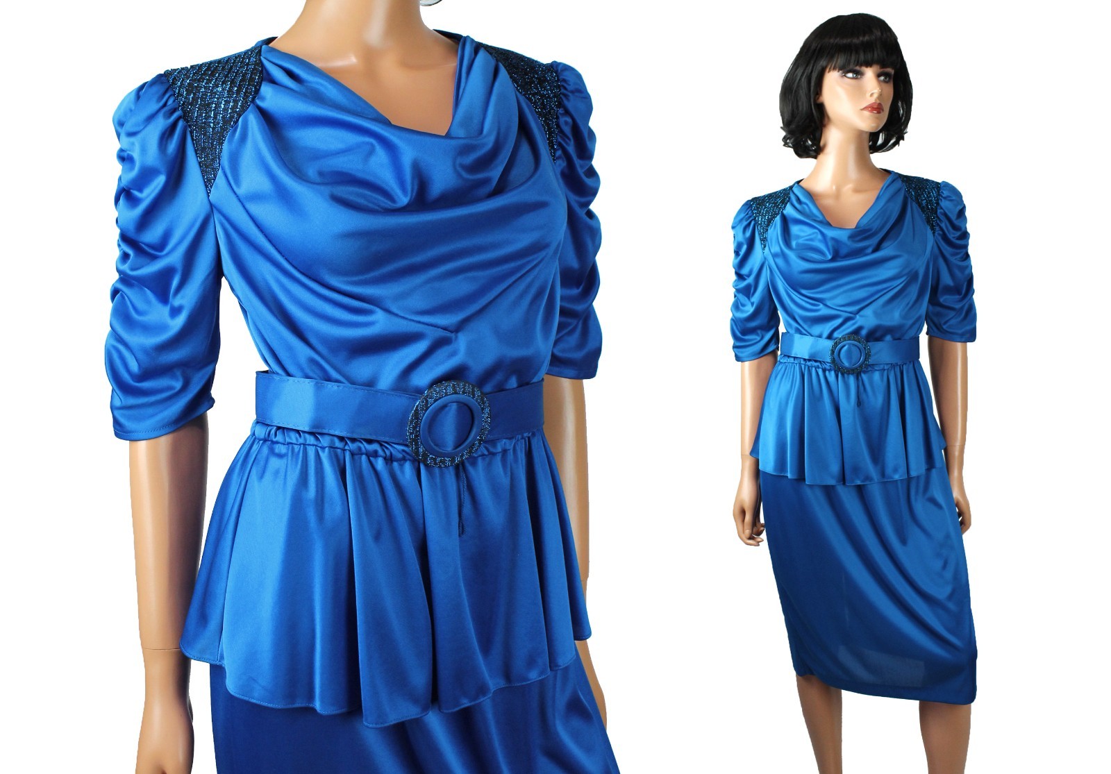 80s Cocktail Gown Sz 13 M L Vintage Sparkly Blue Peplum Stretchy Prom Dress