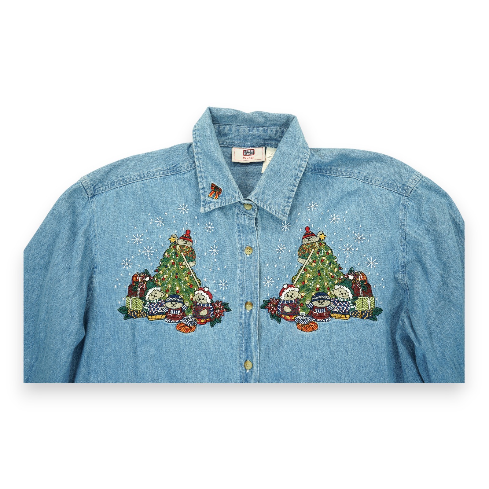 Vintage Faded Glory Christmas Teddy Bear Embroidered Denim Shirt 14W/16W Womens