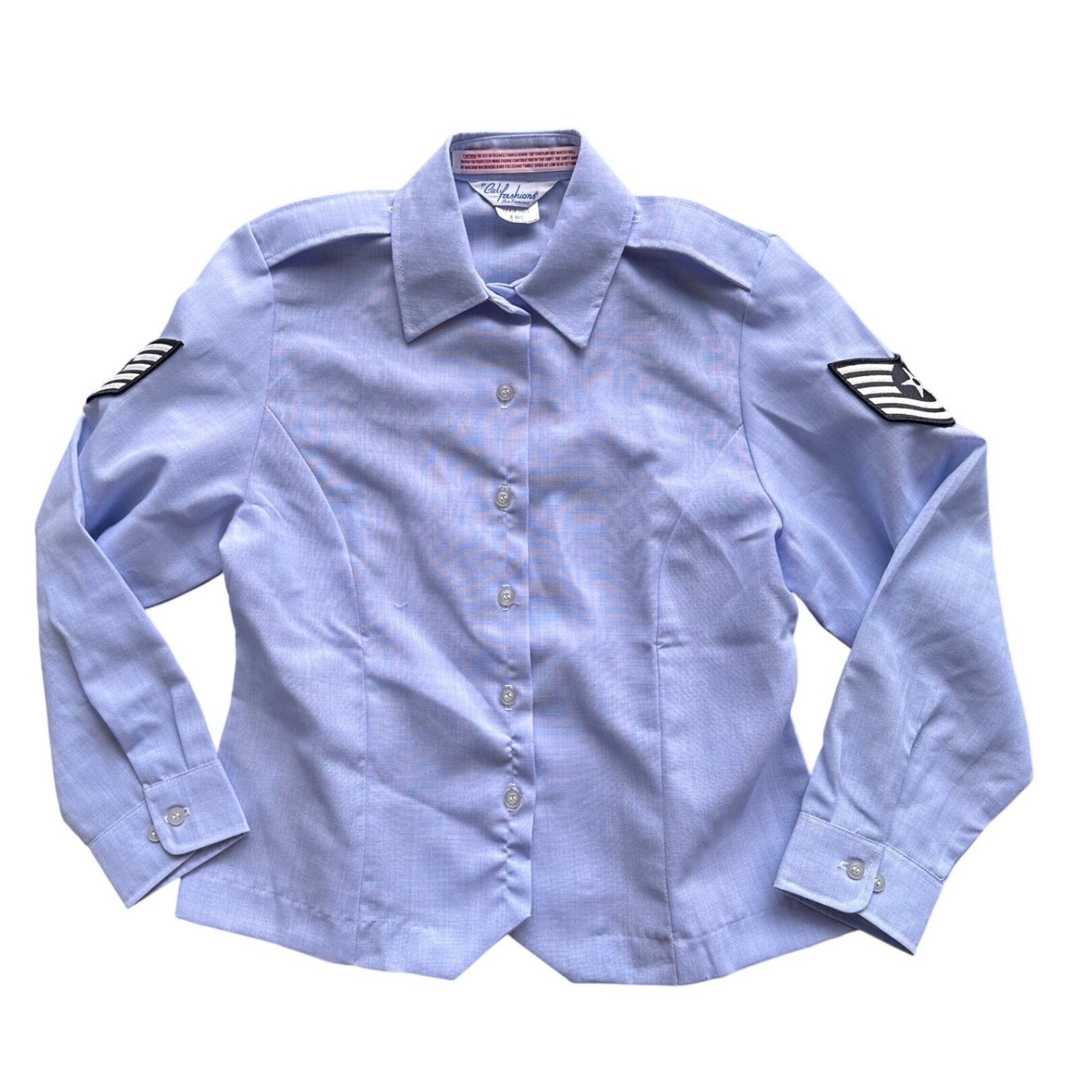 Vintage Calif Fashions USAF Staff Sergeant Patch Shirt Blue Military Blouse 8MS