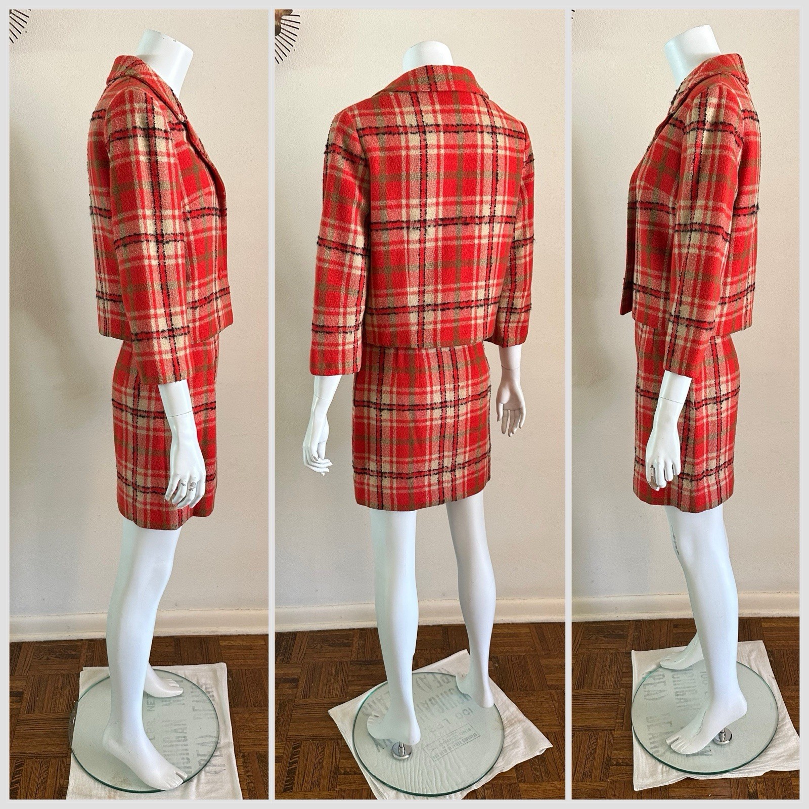 1960s Red Plaid Wool 3-Pc Set Jacket Skirt Pants Handmade Mod Suit Size Zip VTG