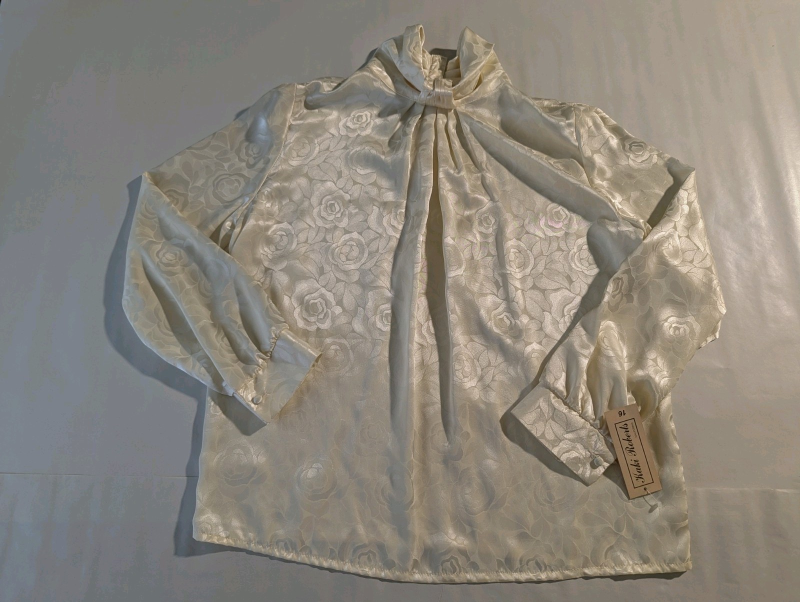 Vintage Royal Ivory Satin Floral Jacquard Blouse High Neck Statement Top