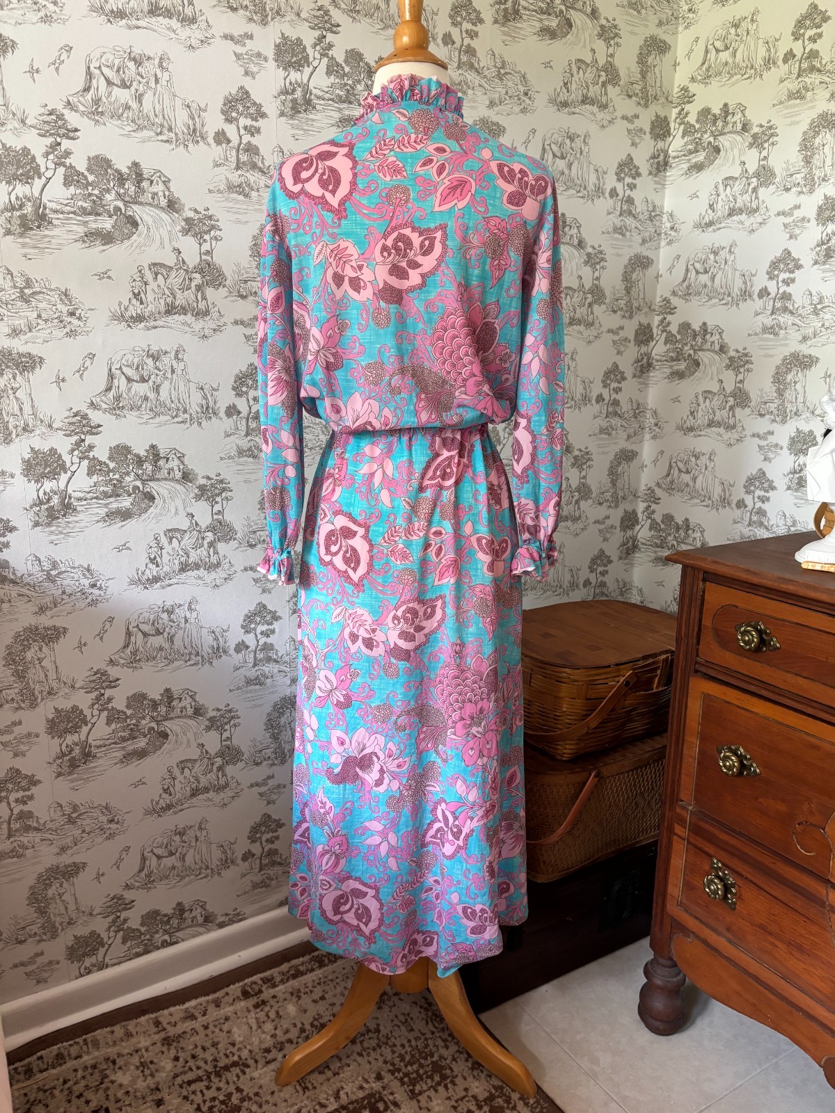 Vintage 70s Funky Floral Midi Dress Blue and Pink Gathered Tie Waist Ruffles