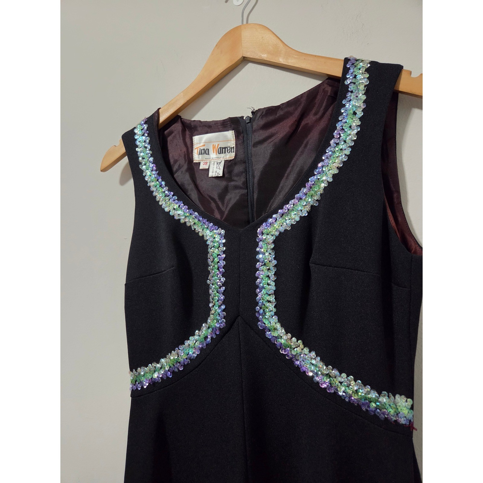 Vintage Tina Warren Black Sequin Trim Maxi Dress Made in England Size 38 Gown