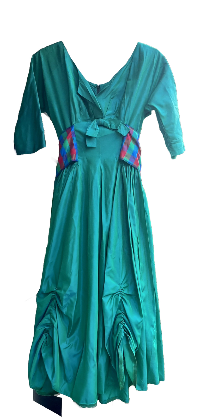1950’s VTG TURQUOISE SATIN HARRY KEISER SZ XS-S 30” Breast DRESS T-Length USA