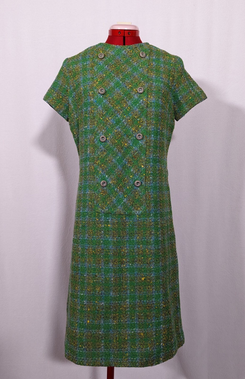 Holt Renfrew Vintage 60s Green Tweed Wool Mod Dress 34″