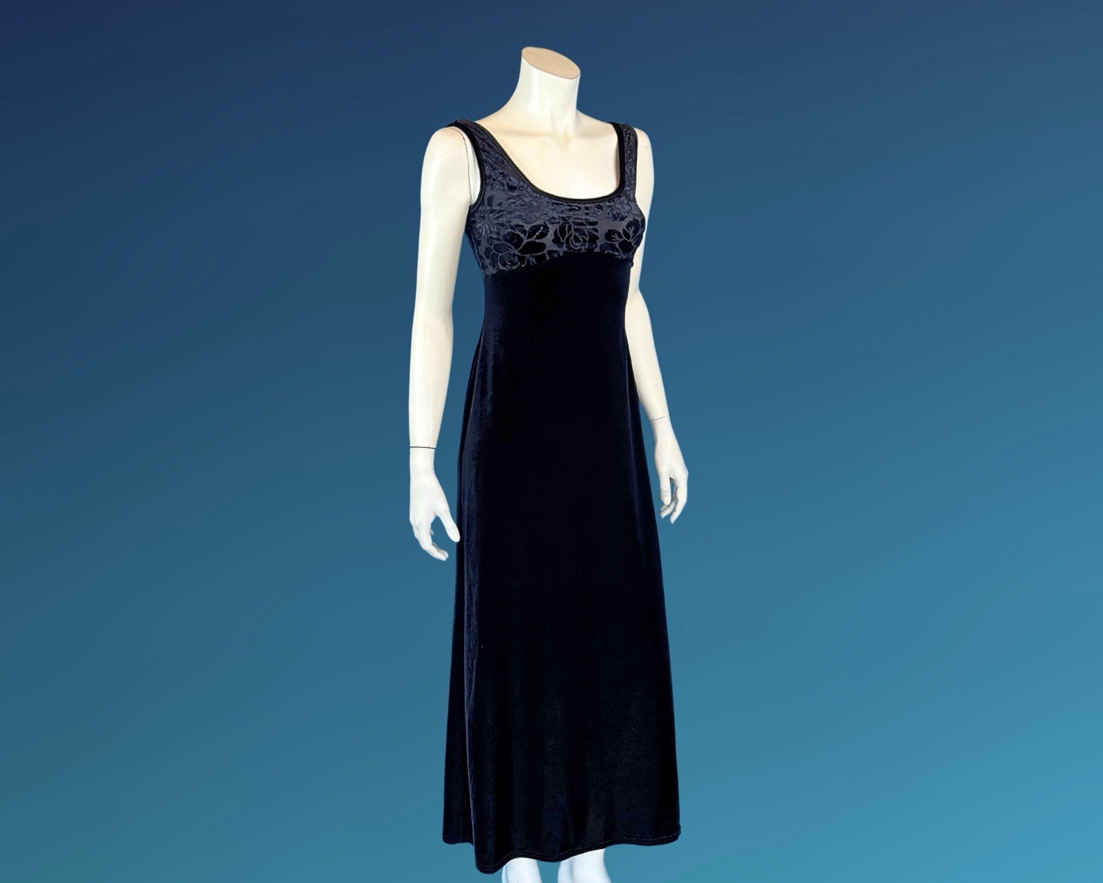 90s Black Cut Velvet Empire Waist Maxi Slip Dress XS