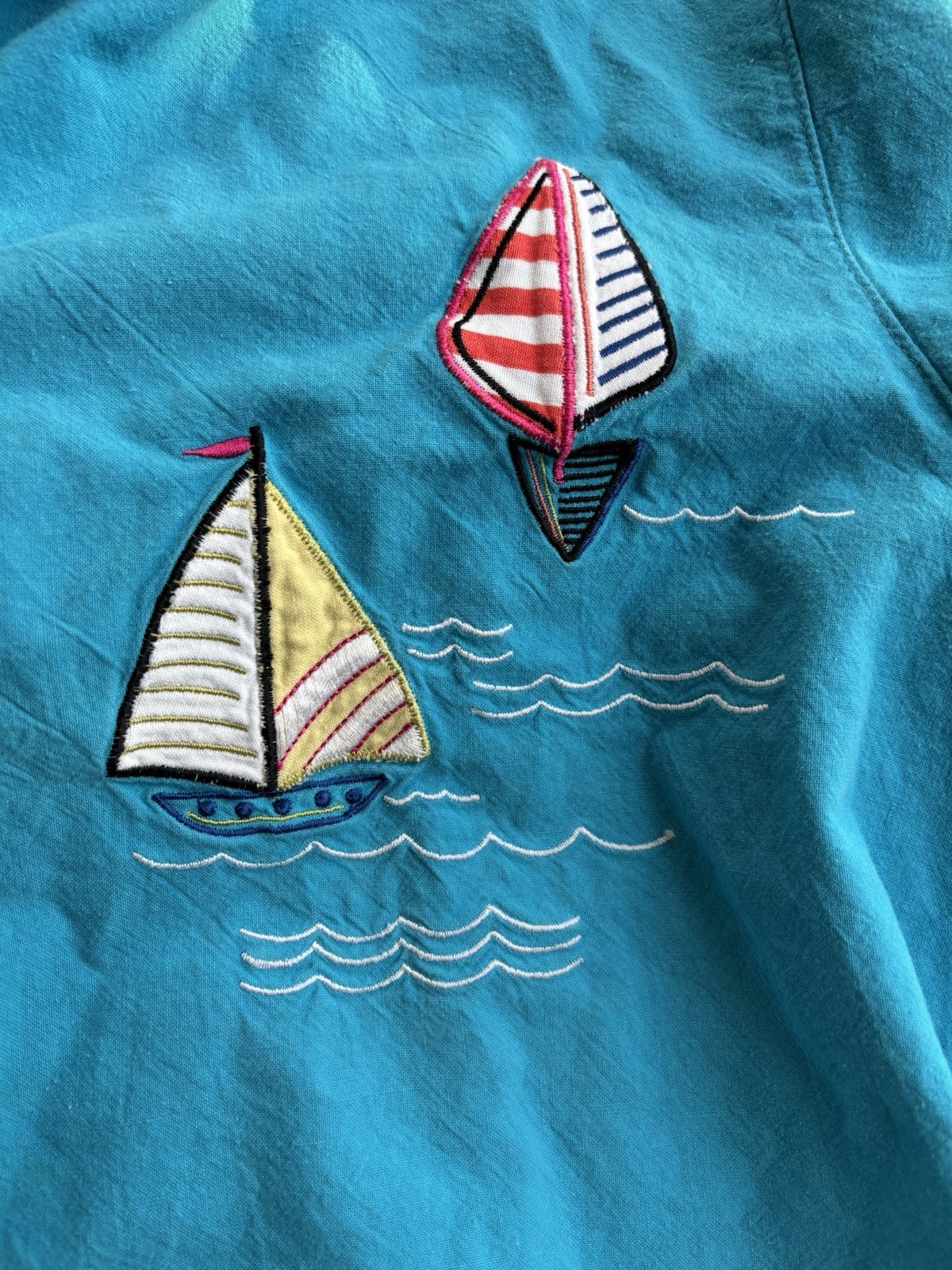 Vintage 100% Cotton L/XL Turquoise Shirt Sailboat Palm Tree Sun Embriodery