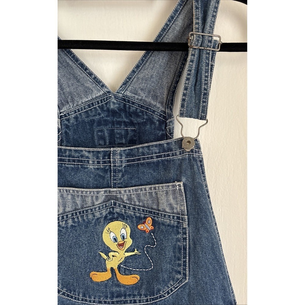 Vintage Looney Tunes Tweety Denim Overall Shorts Embroidered Pockets Blue Medium