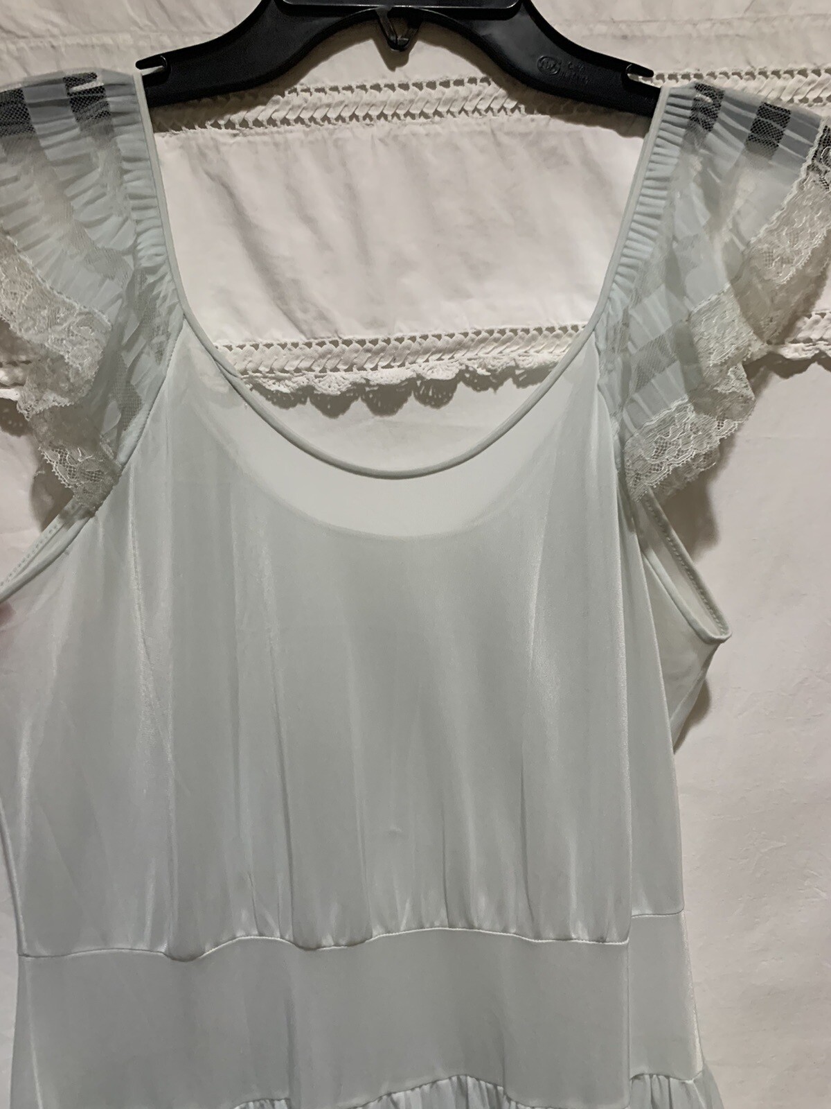 ❤️Vintage 1940s 50s Nightgown Small Sheer Pleated Ruffle Hem Blue Nylon Lace