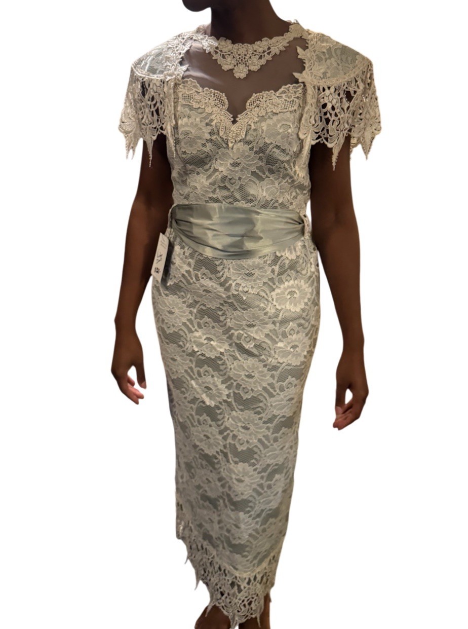 Vintage 80s Lorrie Kabala Lace Dress Victorian M 8 Seafoam Green Cream Lace