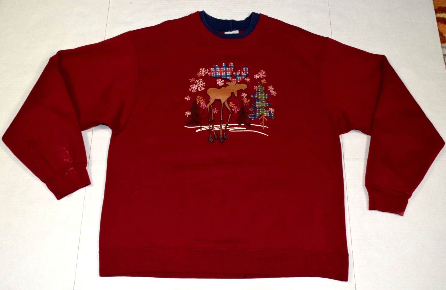 Vintage Sweatshirt Artisans Size L Y2K Cranberry Red Winter Moose Plaid Antlers