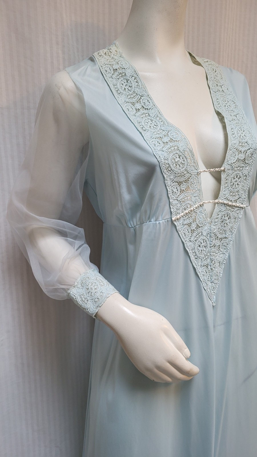 Vintage Blue Nylon Deep V Lace Trim Chiffon Sleeves Nightgown – Size 36