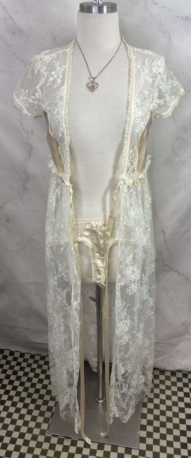 Vtg 90s CLAIRE PETTIBONE Babydoll Sheer Lace Silk Nightgown Robe Dress S Bride