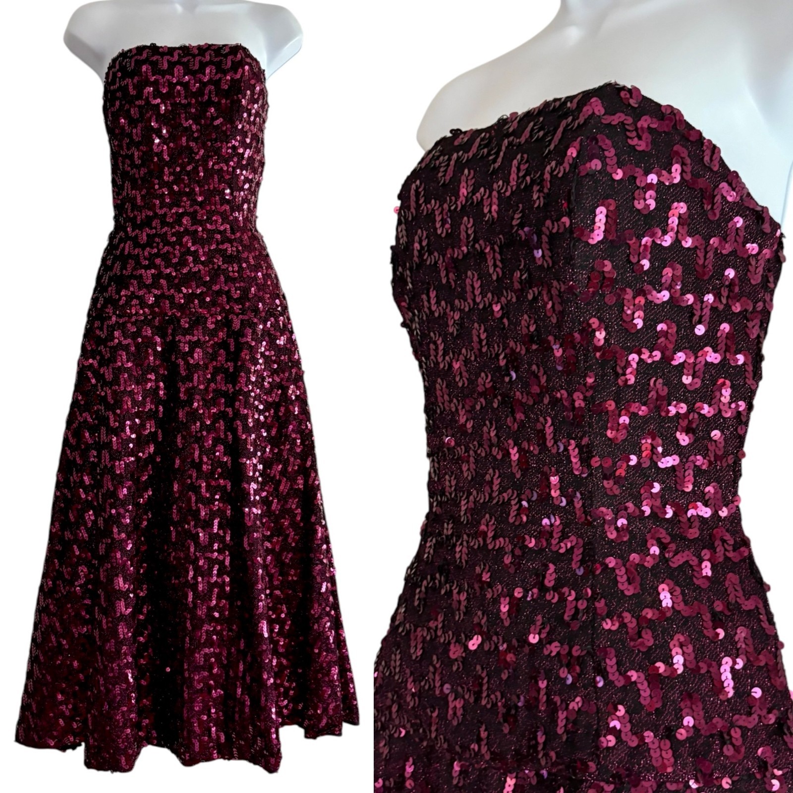 Vintage 70s Sequin Formal Gown Purple Strapless Evening Dress Mike Benet S/M