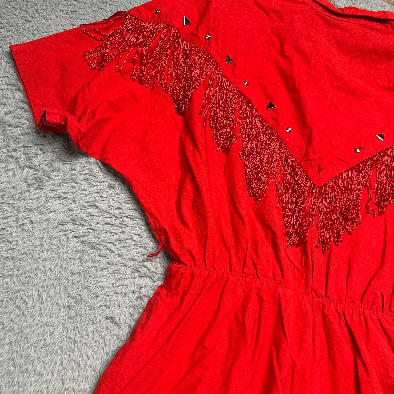 Vintage Western Dress Womens L Red Fringe Tassel Rodeo Square Dance