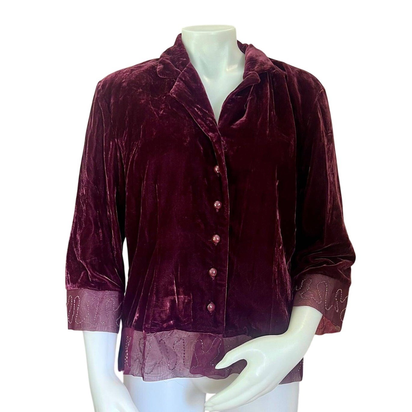Vintage 90s Velvet Beaded Sheer Trim Top M Burgendy Whimsigoth Carole Little