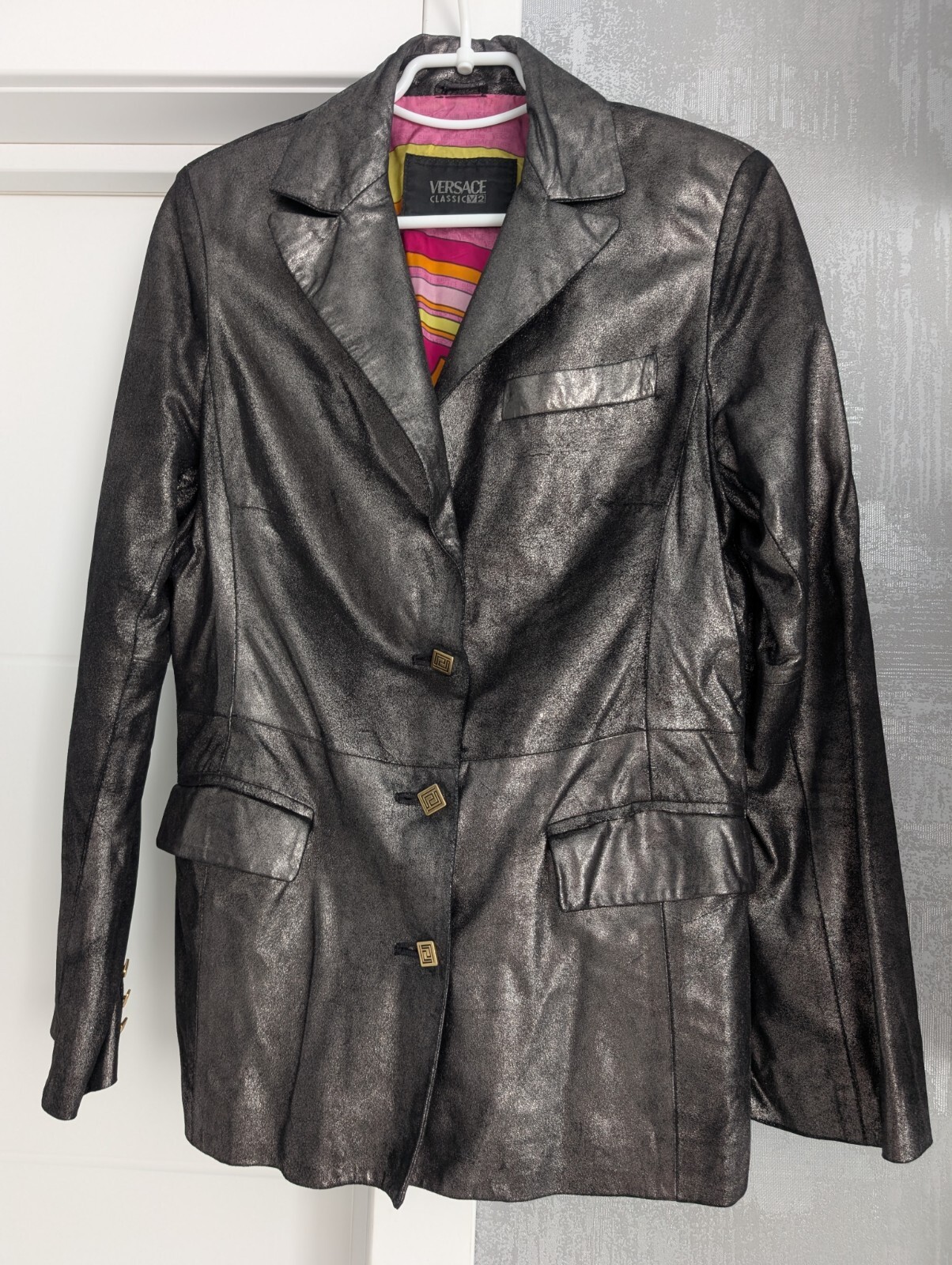 Versace Classic V2 Soft Shiny Leather Jacket Blazer Iridescent Metallic Gray M