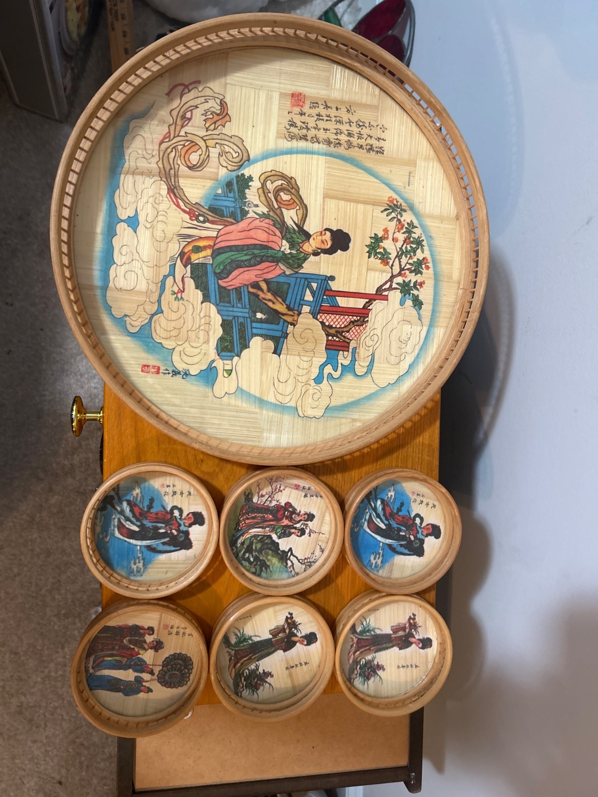 vintage bamboo tray and coaster set from 1960’s-70’s
