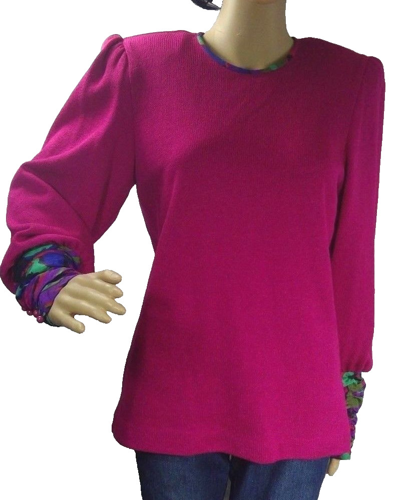 vintage Anthony Sicari womens sweater size 8 pink button cuffs floral trim USA