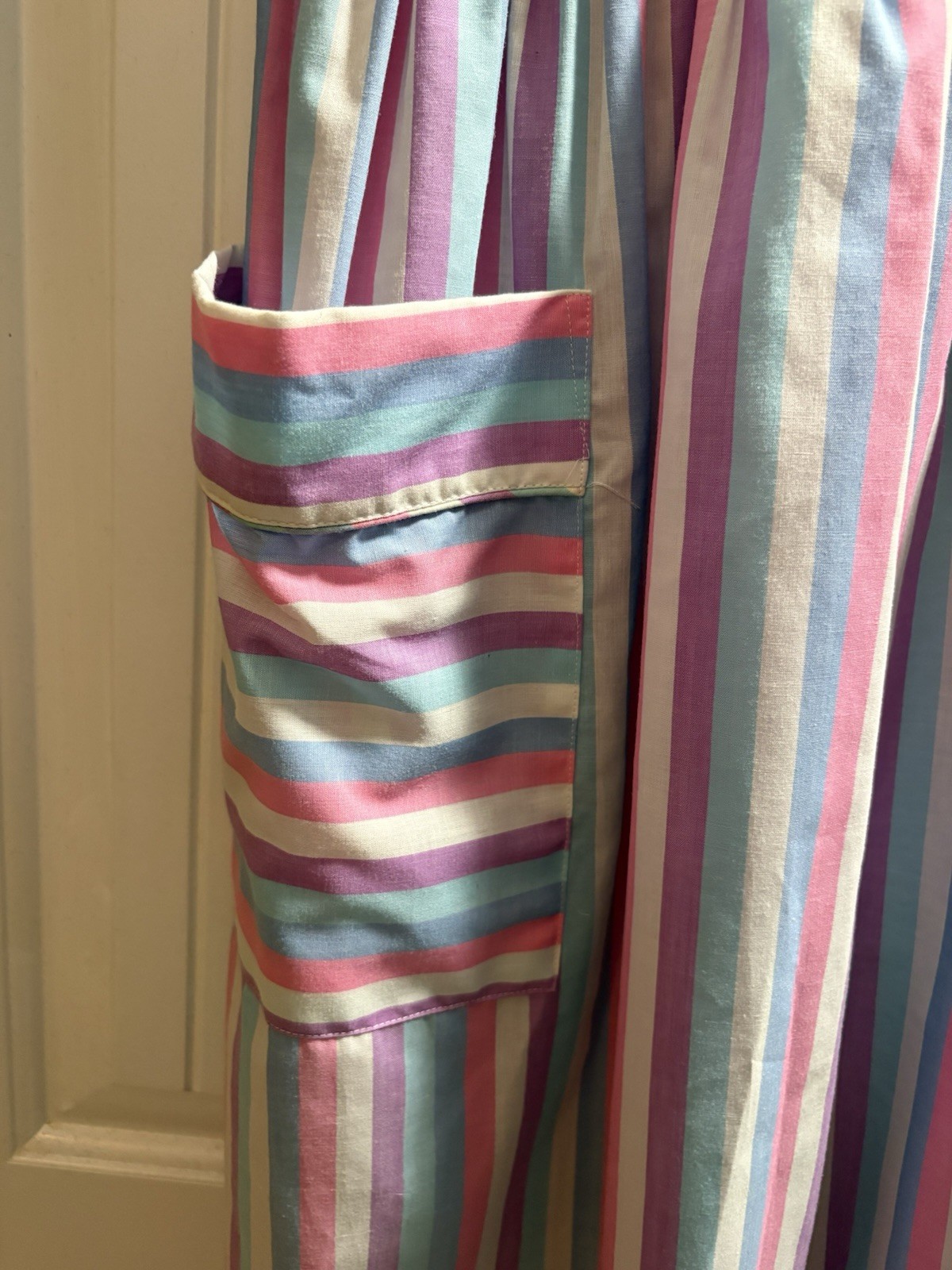 Joni petite Vintage Striped Cotton House Dress Pink Blue White Purple Pockets
