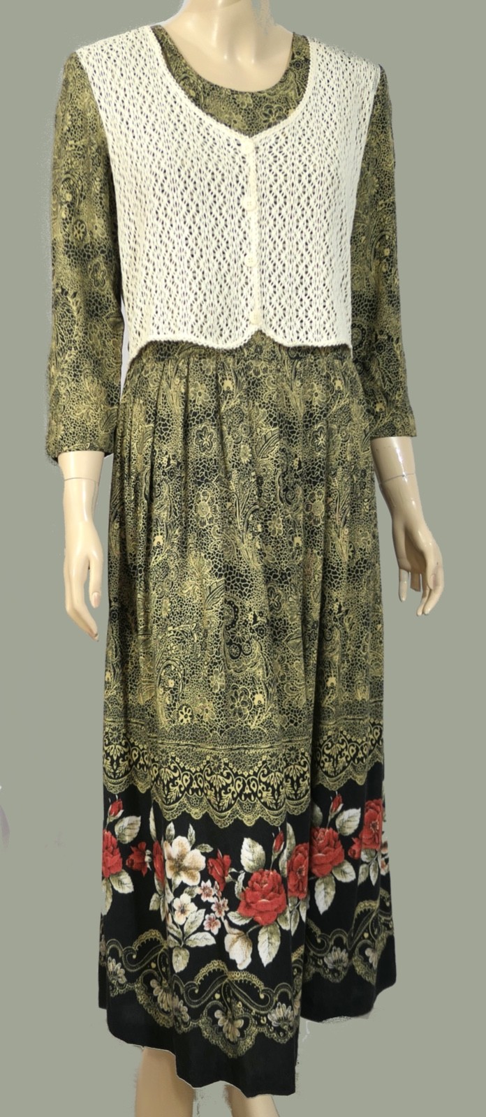 Vintage 80s 90s Olivia Rose Prairie Dress Crochet Vest Boho Filigree Sheath M