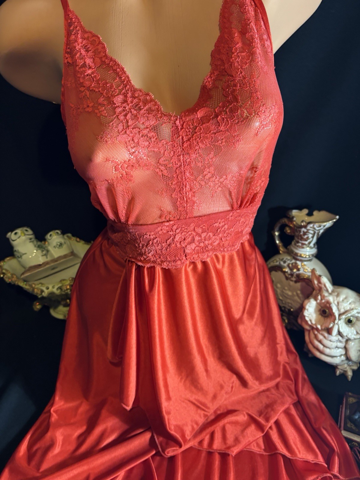 Vtg Silky High Slit Nightie Shiny W Sheer Wide Frilly Chantilly Lace Nightgown