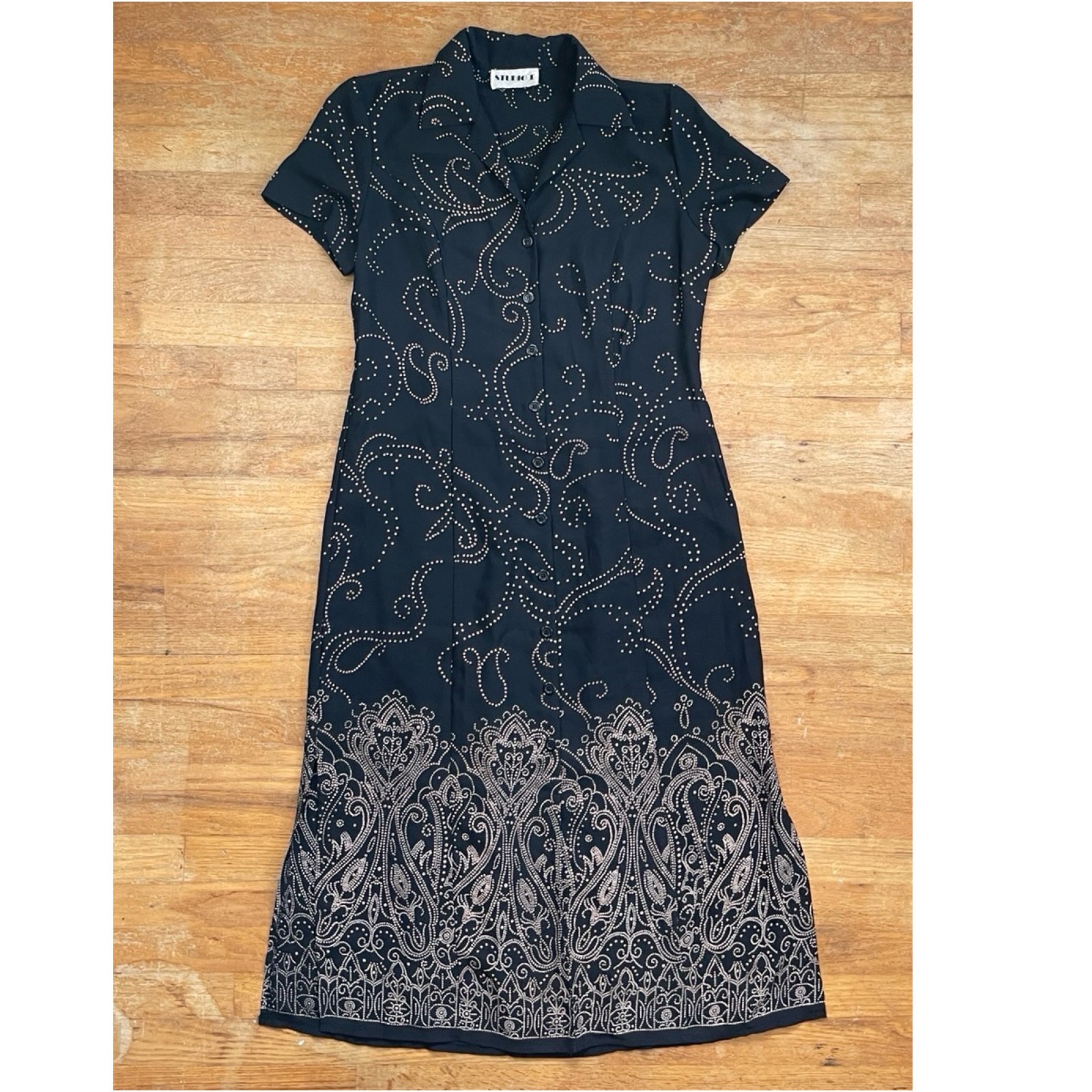 Vintage Maxi Shirt Dress Size Large 90s Black Gold Polka Dot Paisley Shirtdress