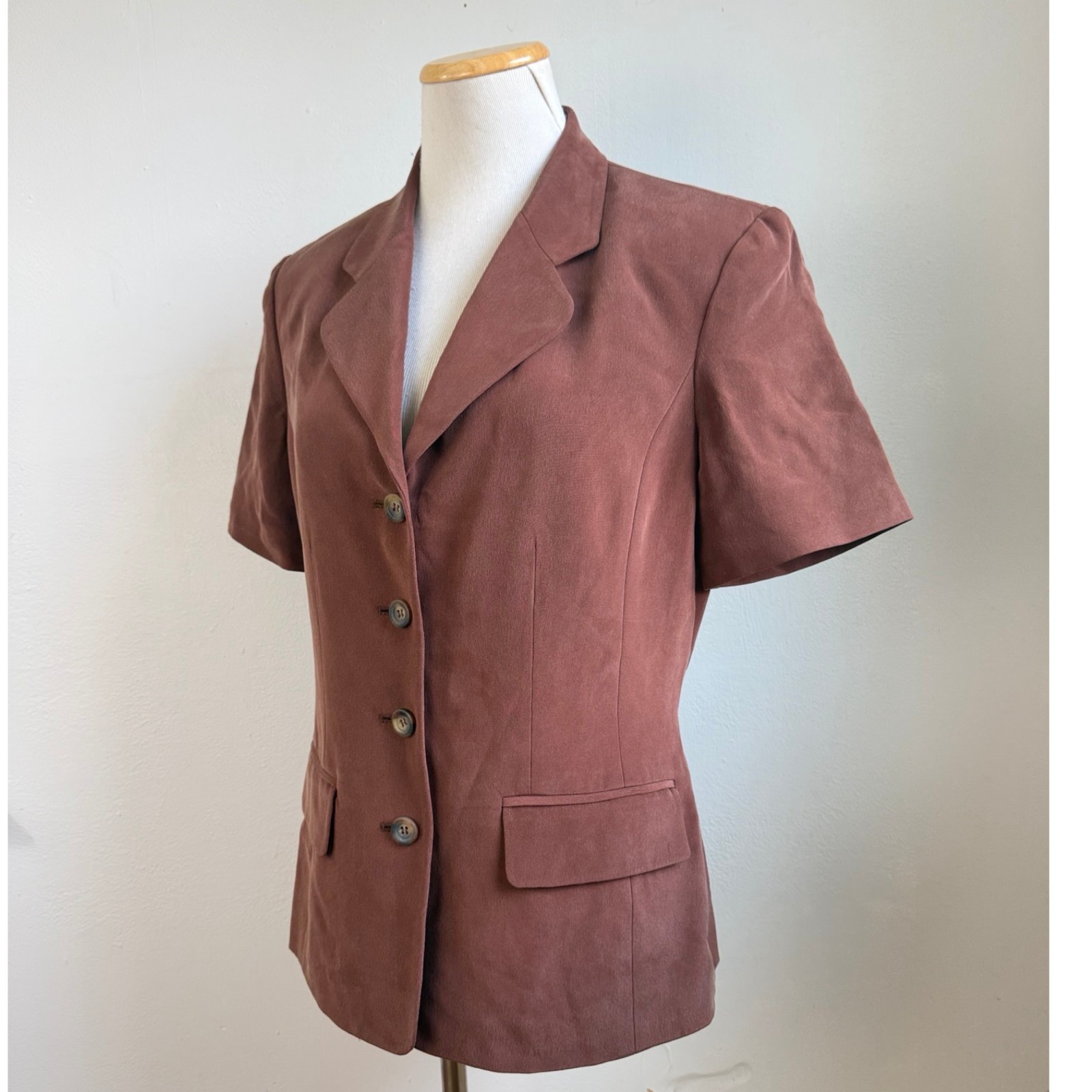 Vintage Mahogany Brown Silk Short Sleeve Blazer Size Small 6 Sport Coat Jacket