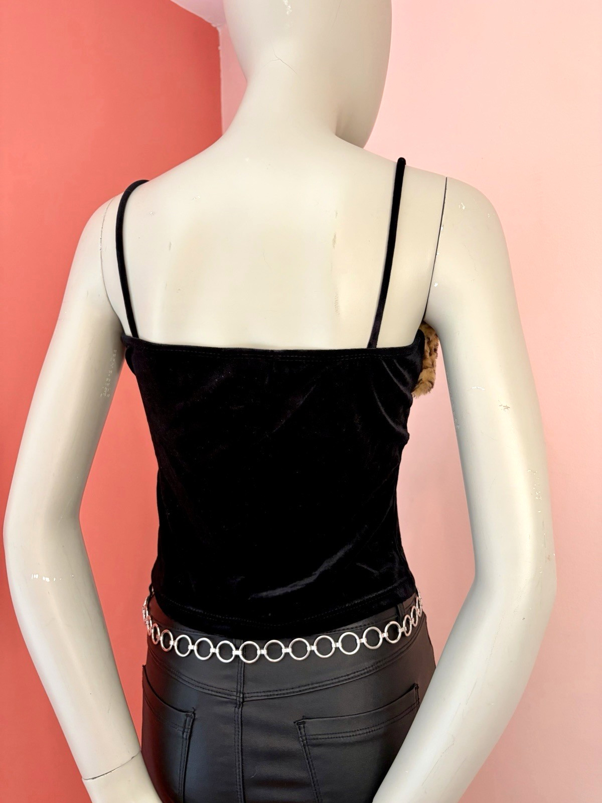VTG 90s Y2K Velvet Leopard Faux Fur Trim Camisole club top Mob wife Black L