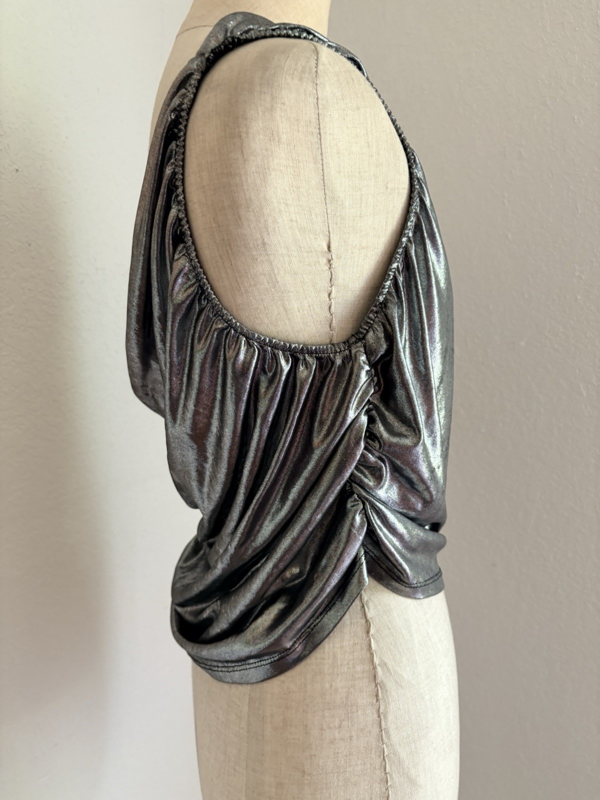 VTG WearEver Top One Shoulder Going Out Top Metallic Silver Lame Slinky Crop Y2K