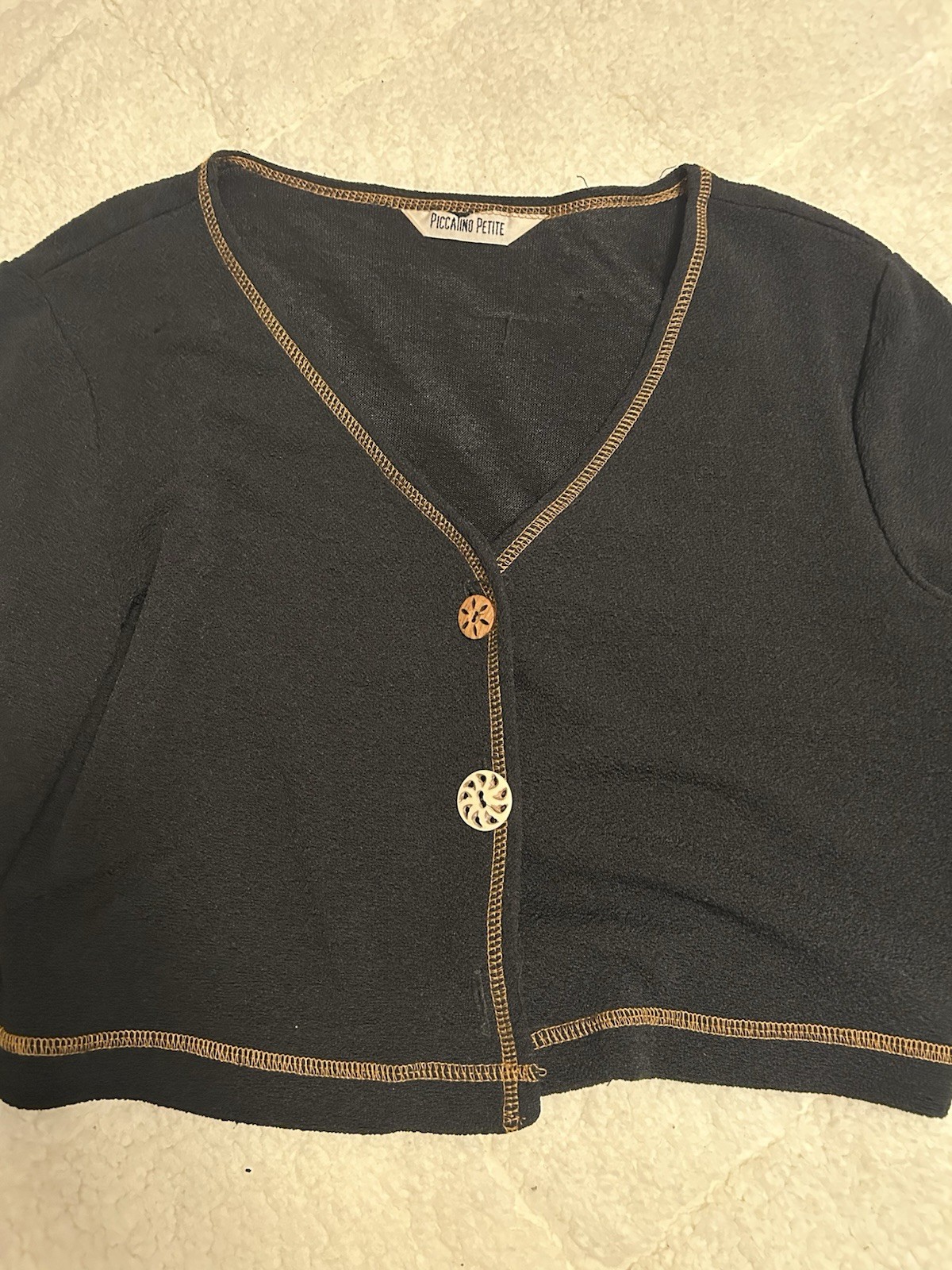 Vintage Nina Piccalino Petites Black Cropped Cardigan with Brown Contrast Stitch