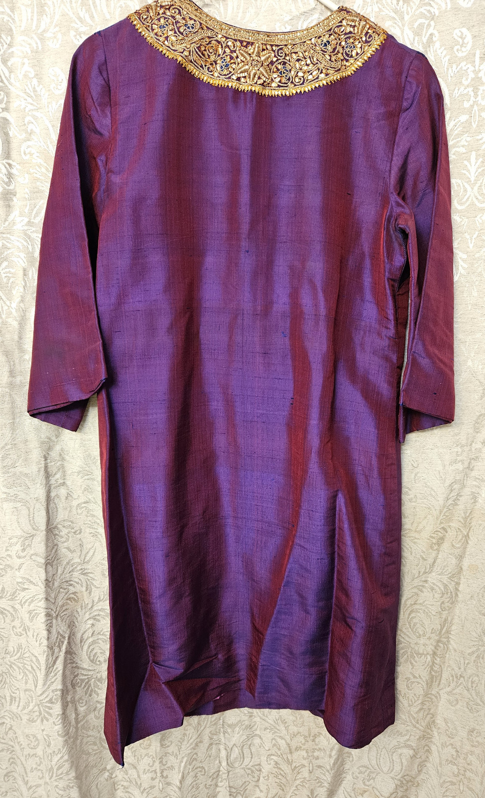 Maharani of India ’60s dupioni silk Jackie O dress thick gold bullion embroidery