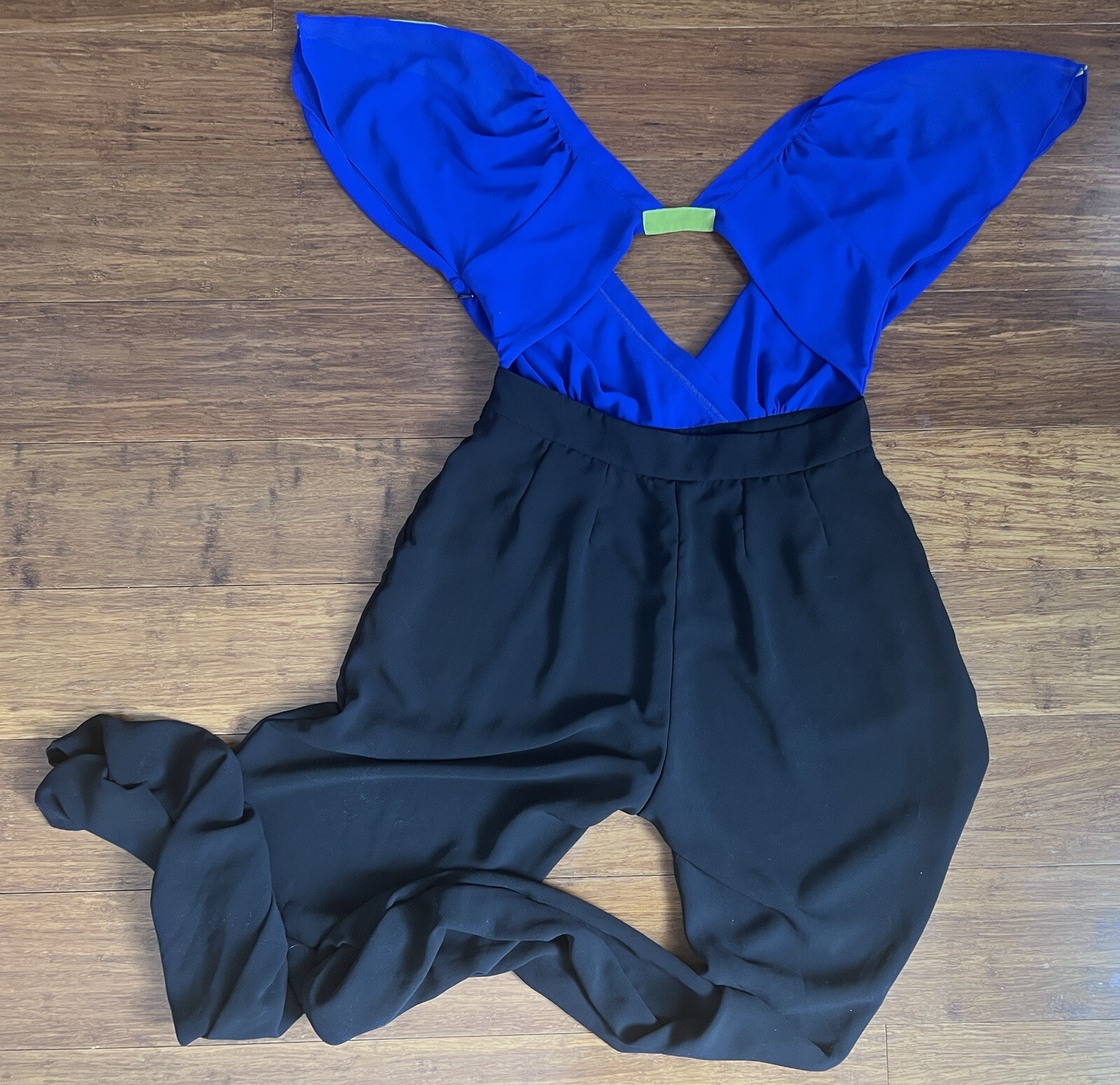 BUTTERFLY SLEEVE ONE PIECE RETRO BLUE GREEN AND BLACK CHIFFON JUMPSUIT