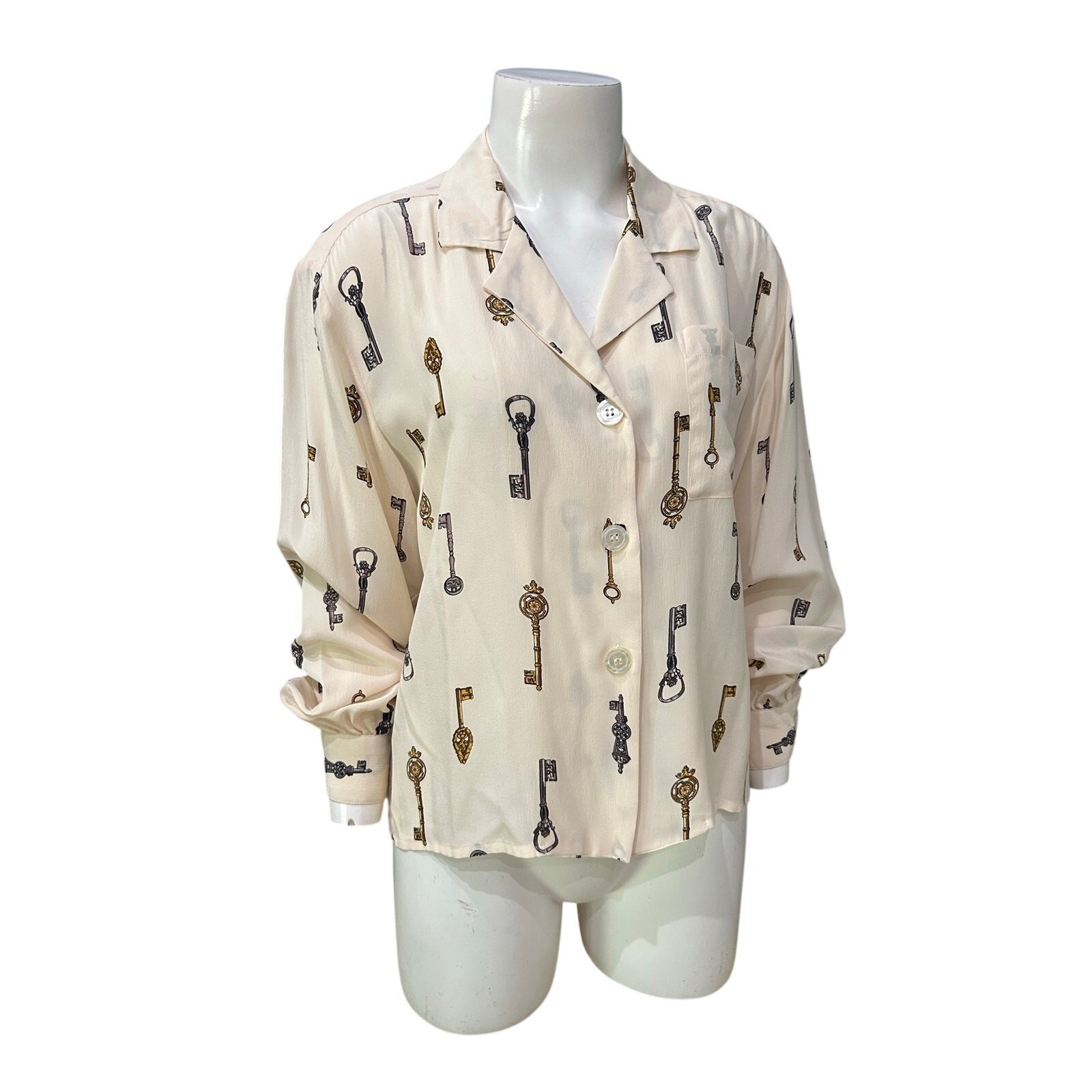 Vintage Silk Key Print Cropped Blouse Novelty Shirt Quiet Luxury top M ^