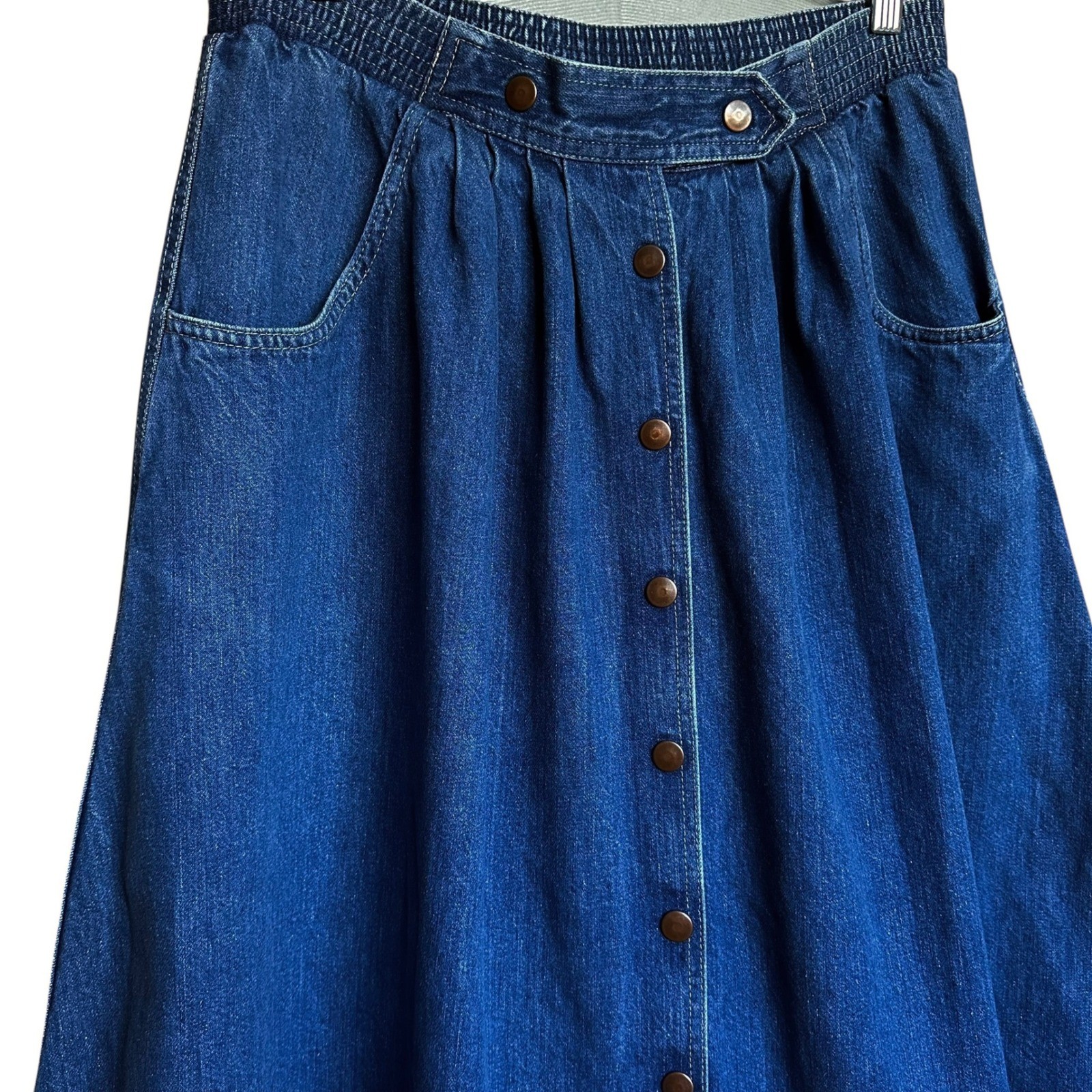 Vintage 80s Sasson Denim Midi Skirt 100% Cotton Snap Front Elastic Waist Size 8