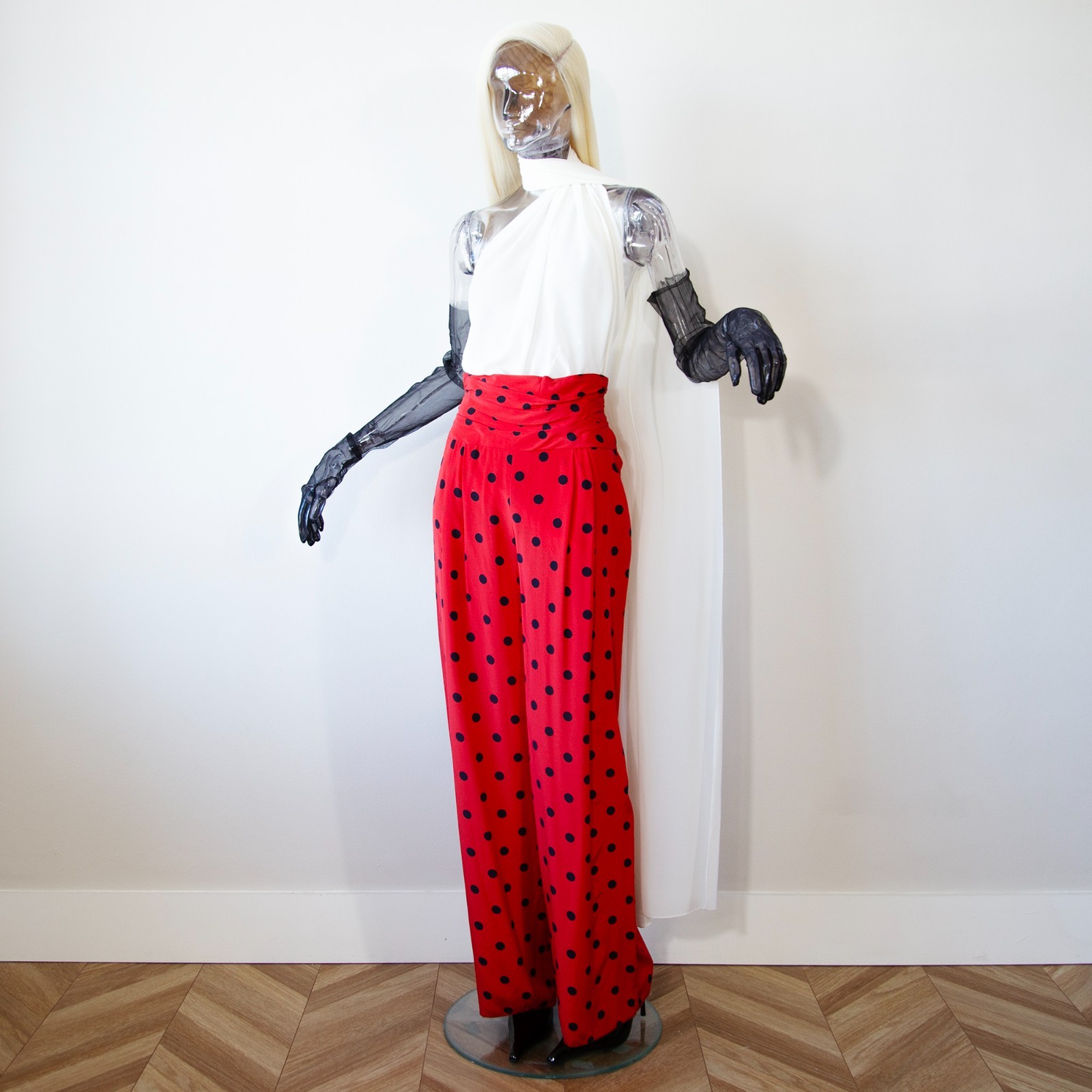 Vintage Dior Red Silk Black Polka Dot Wide Trousers NWT UK 8-10/US 4-6
