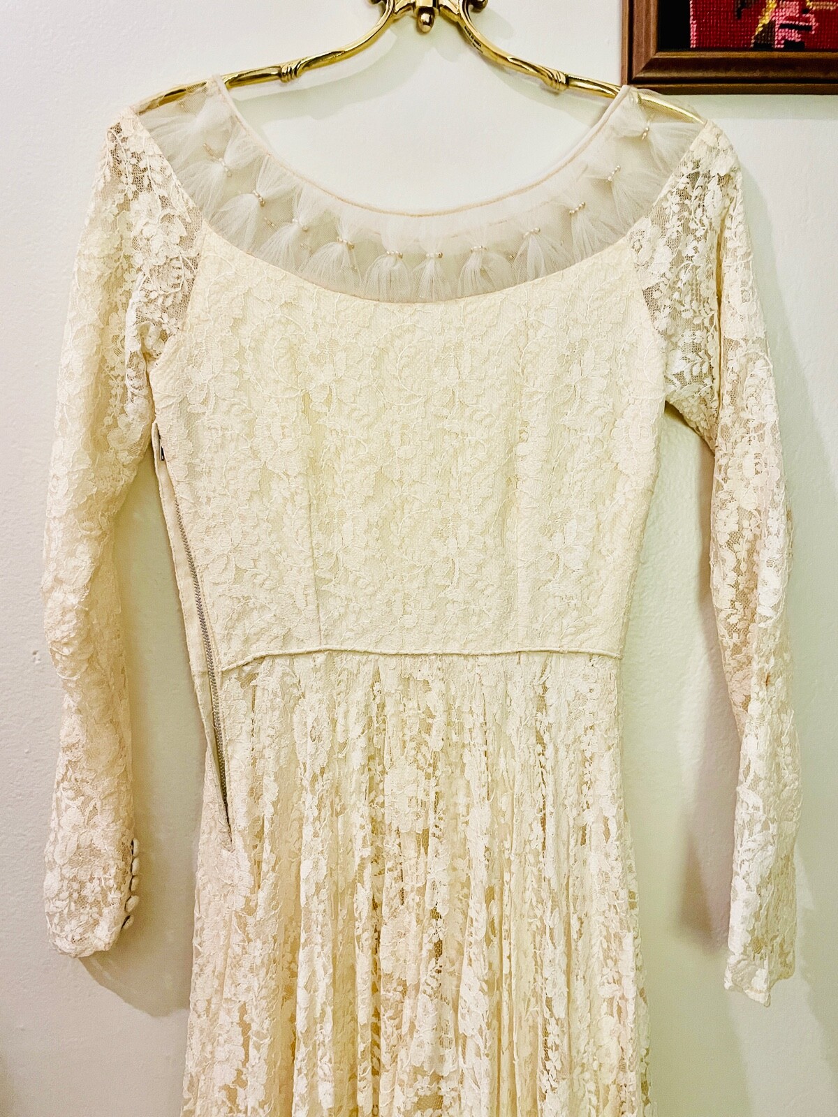 VTG 50’S OFF WHITE LACE&TULLE PEARLS NEW LOOK CIRCLE SKIRT WEDDING DRESS *XXS/XS