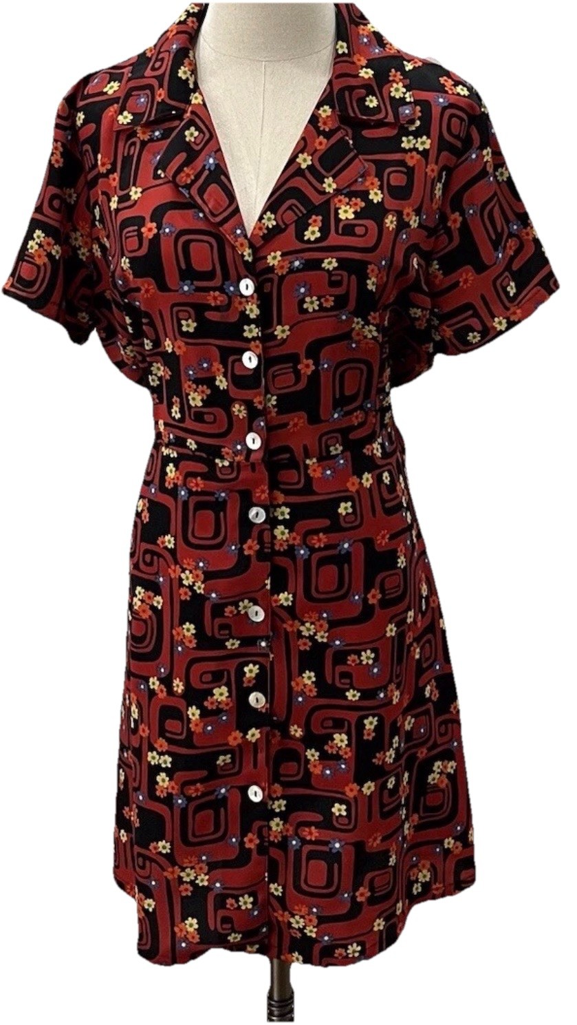 Cameo Shirt Dress Red Black Floral Geometric Print Size L VINTAGE Button Up Y2K