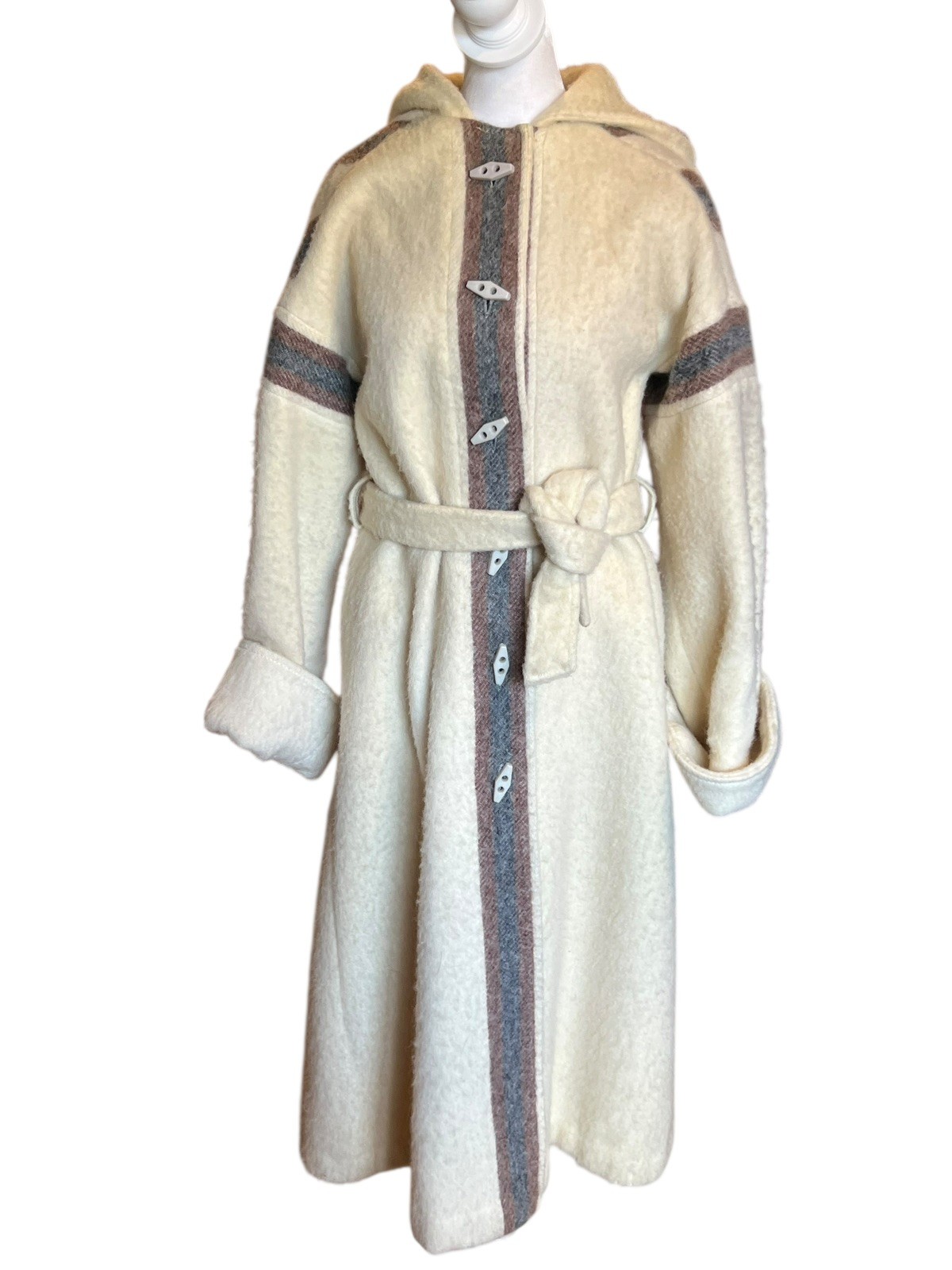 Vintage 1970s Variegated Gray Striped Wool Belted Hooded Coat Casa de Lana
