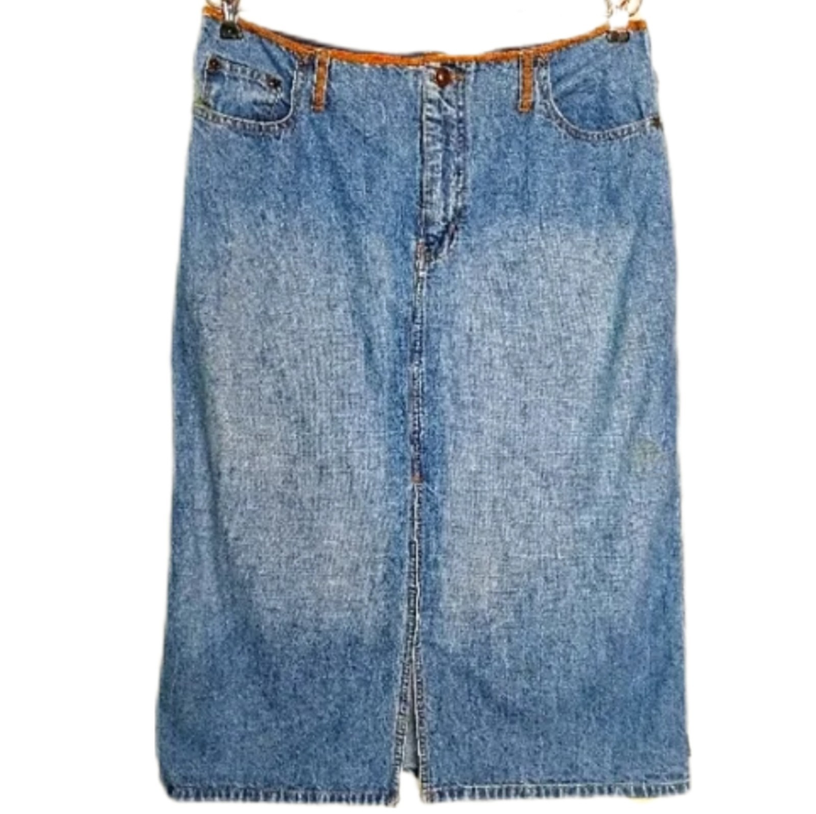 VTG 90’s Y2K Route 66 Blue Jean Denim Midi Skirt Front Slit Size M