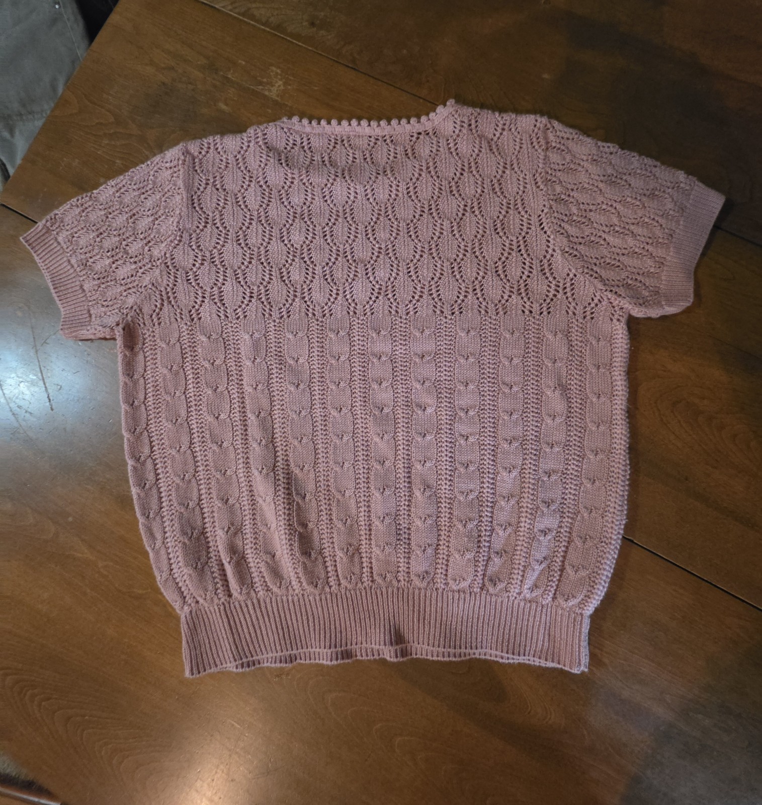 VTG 70s Pink Pointelle Cable Knit Short Sleeve Sweater Crop Ribbed Unbranded M