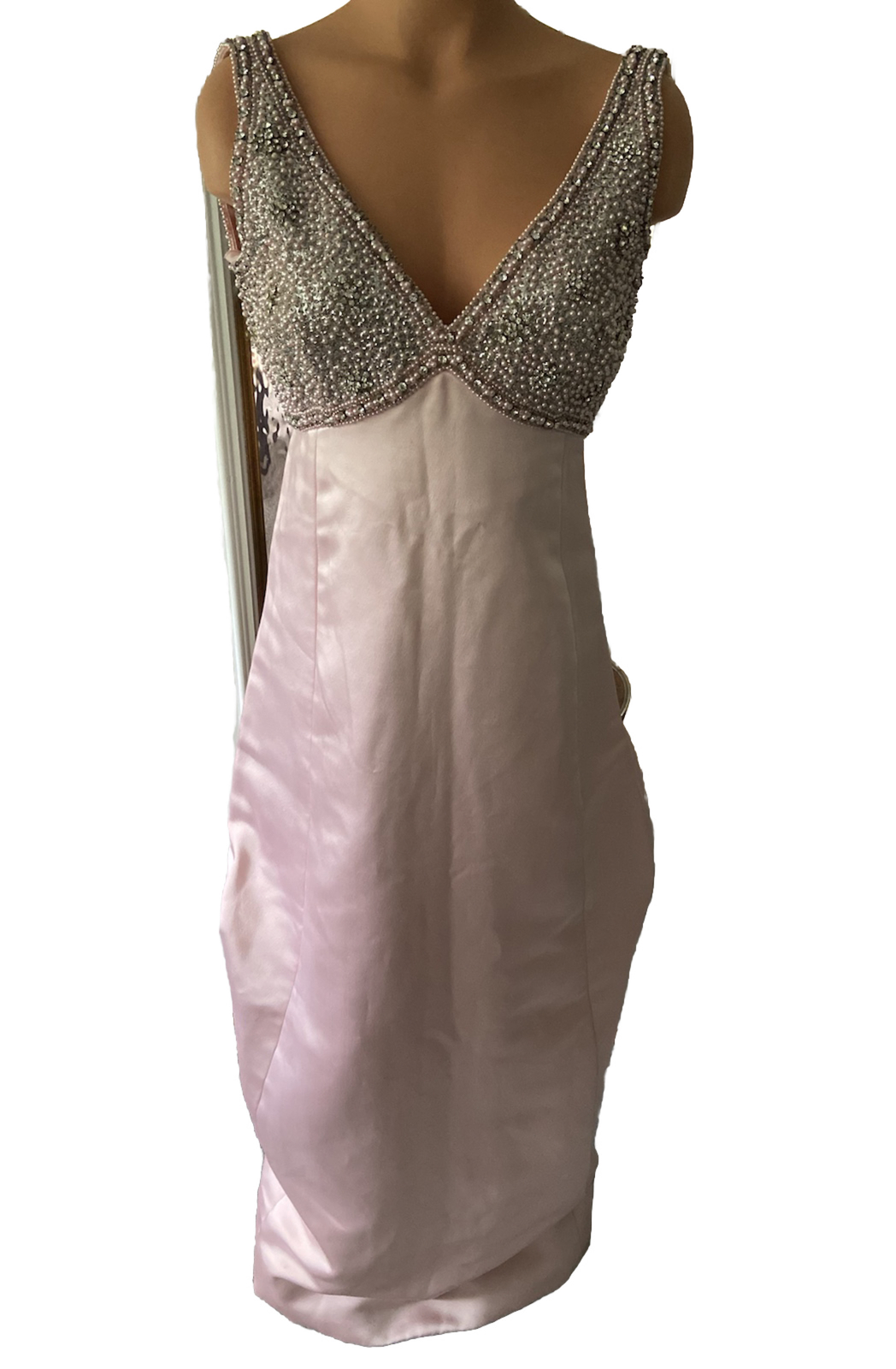 Vintage British crown colony hand beaded Rhinestone Bust Pink Wiggle Silk Dress.