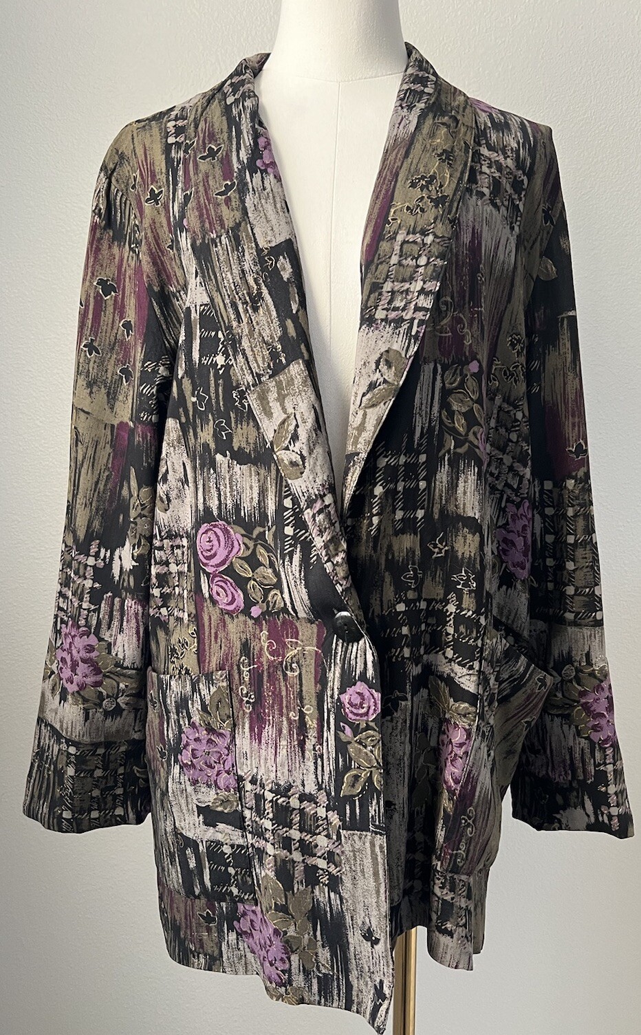 Vintage Kensington Square Lightweight Boho Floral Purple Long Blazer SZ L/XL