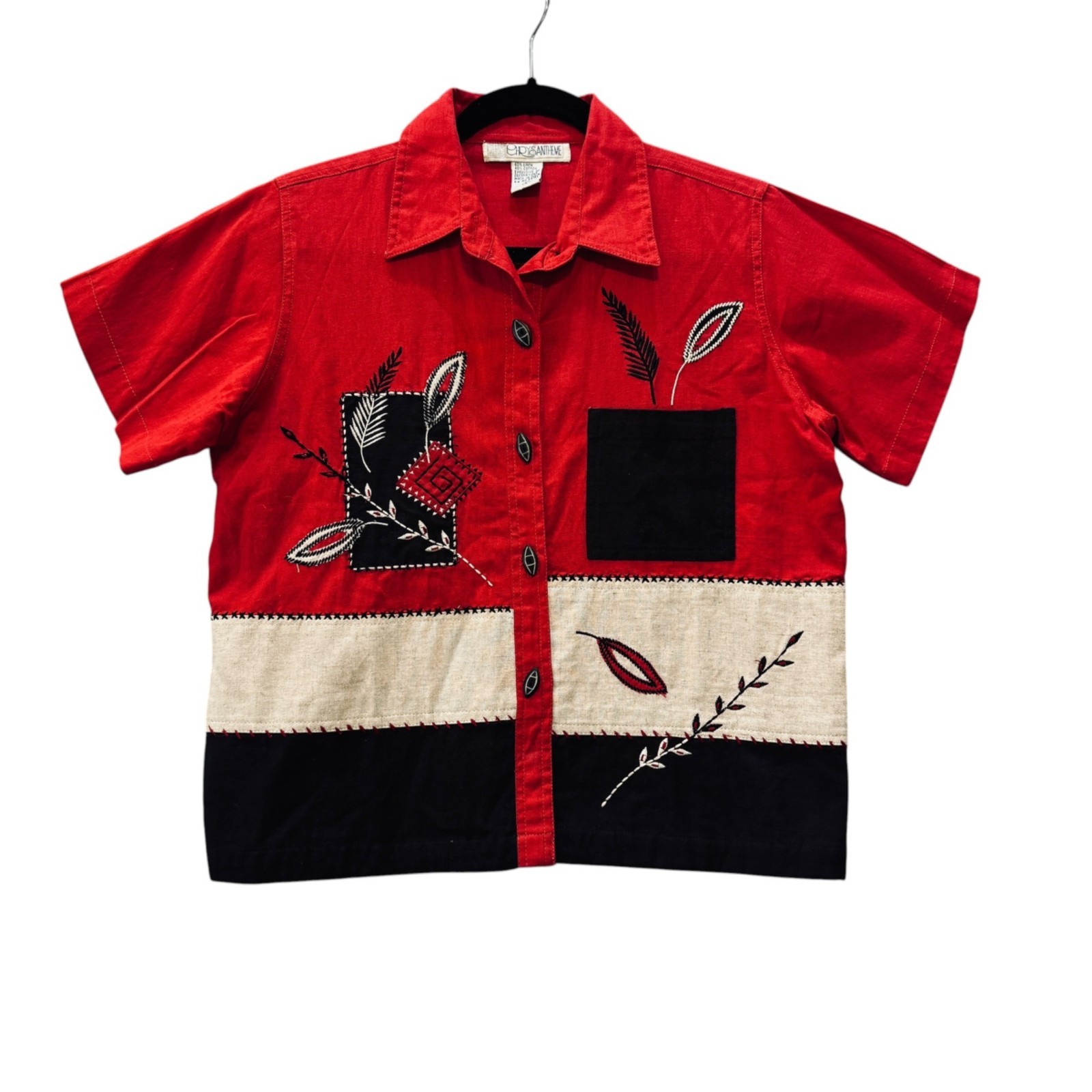 Vintage 90s Linen Blend Top S Color Block Black Red Applique Grannycore Artsy