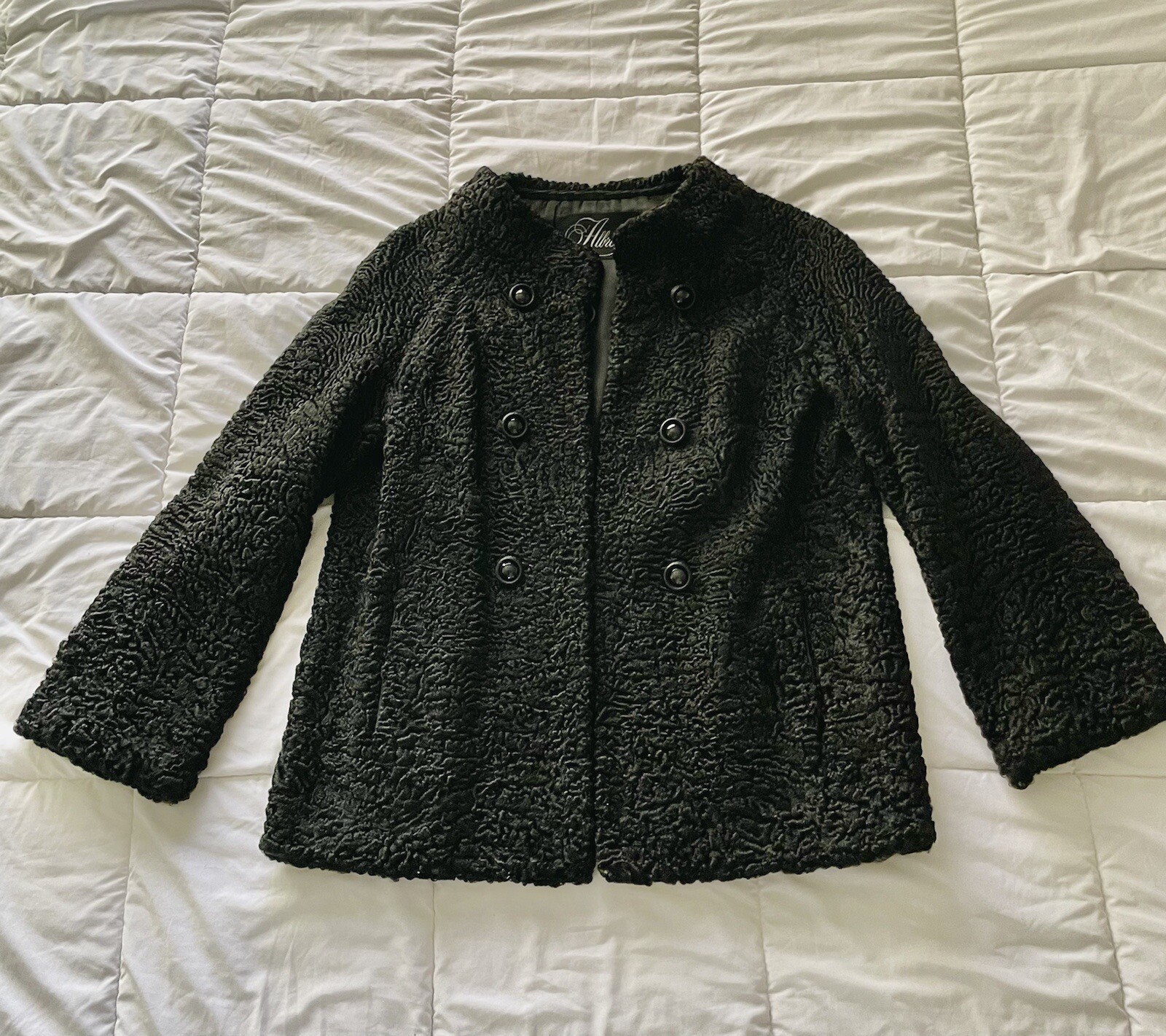 Vintage 1950s Albrecht Black Persian Lamb Fur Coat Curly Swing Belted
