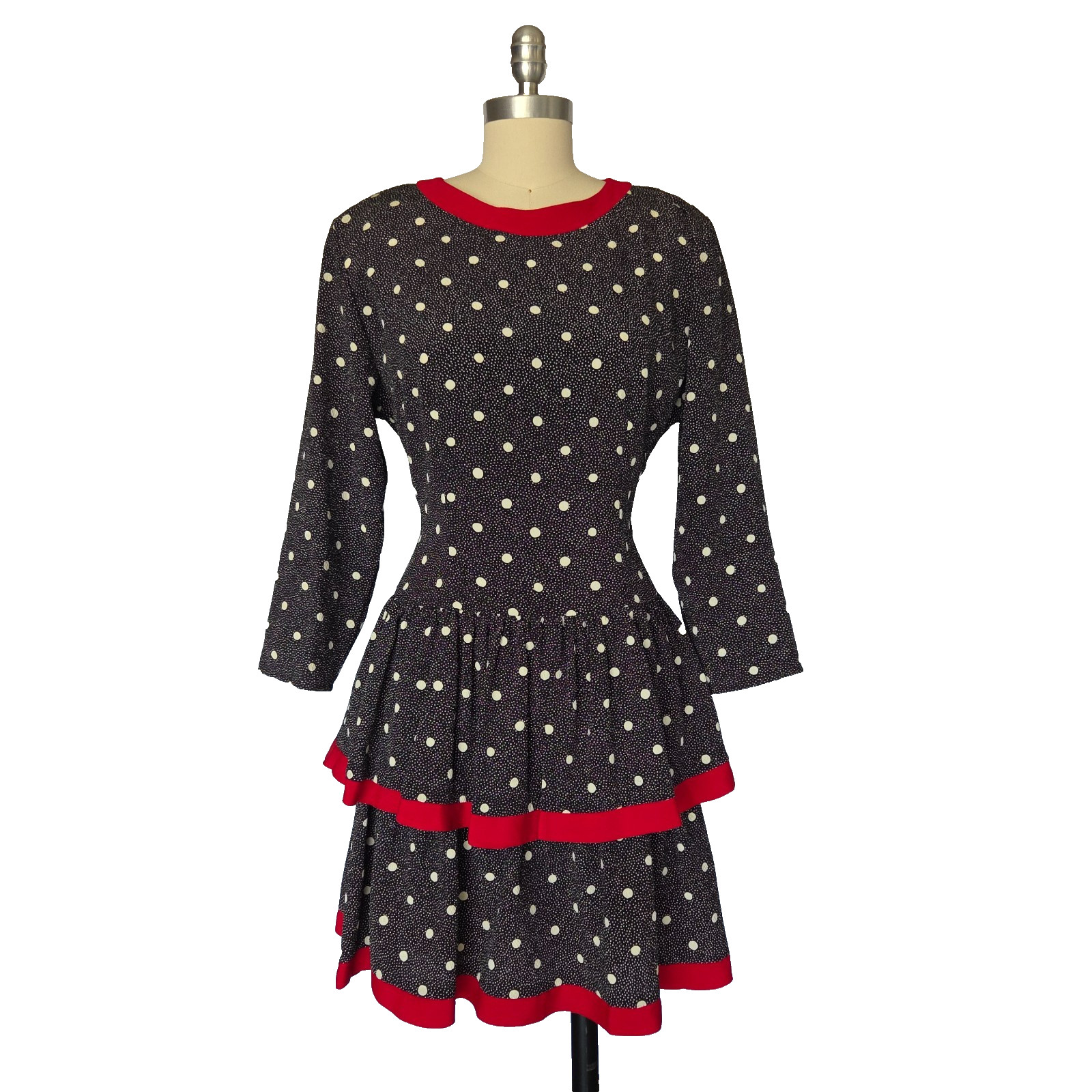 Vintage 80s Polka Dot Mini Dress Size M 8 Black Red Tiered Skirt Long Sleeve