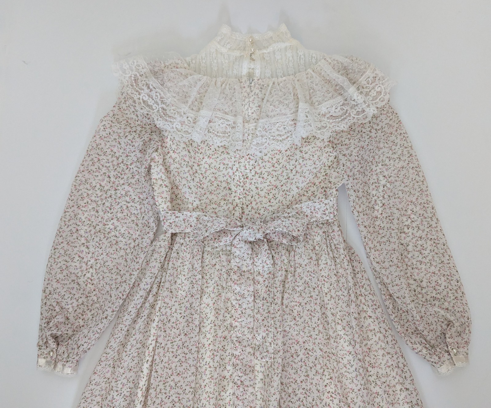 Gunne Sax by Jessica Vintage Victorian Prairie Maxi Dress Lace Ribbon Pearls