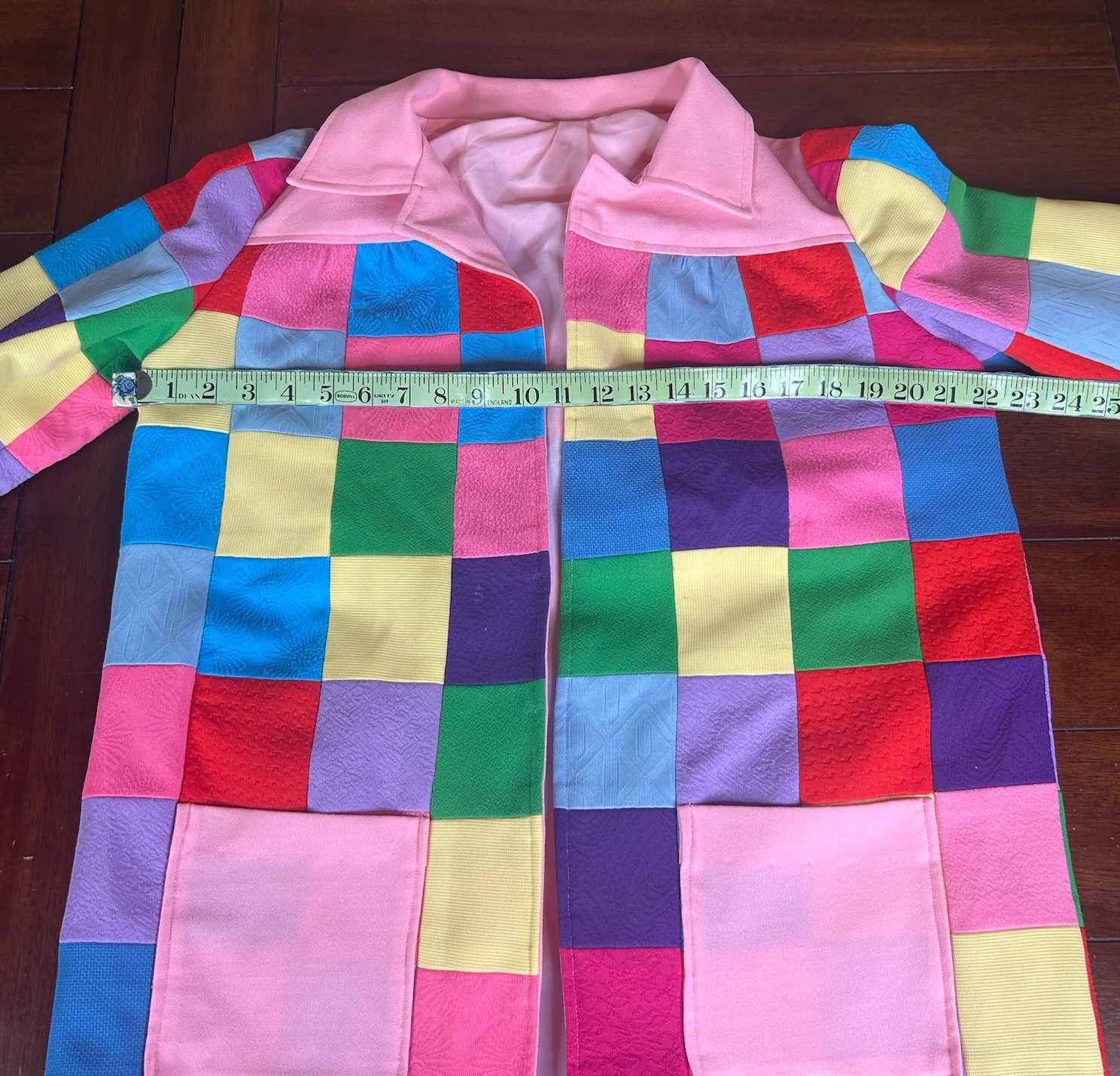 VTG 60s 70s Handmade Women’s Rainbow Polyester Patchwork Open Front Blazer Small