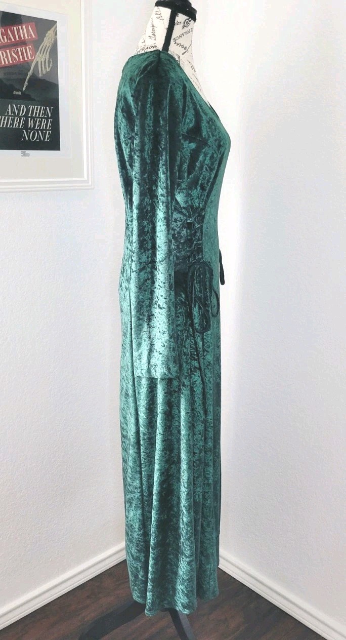 Vintage Crushed Velvet Emerald Green Maxi Dress Whimsygoth Lace Up Size Large